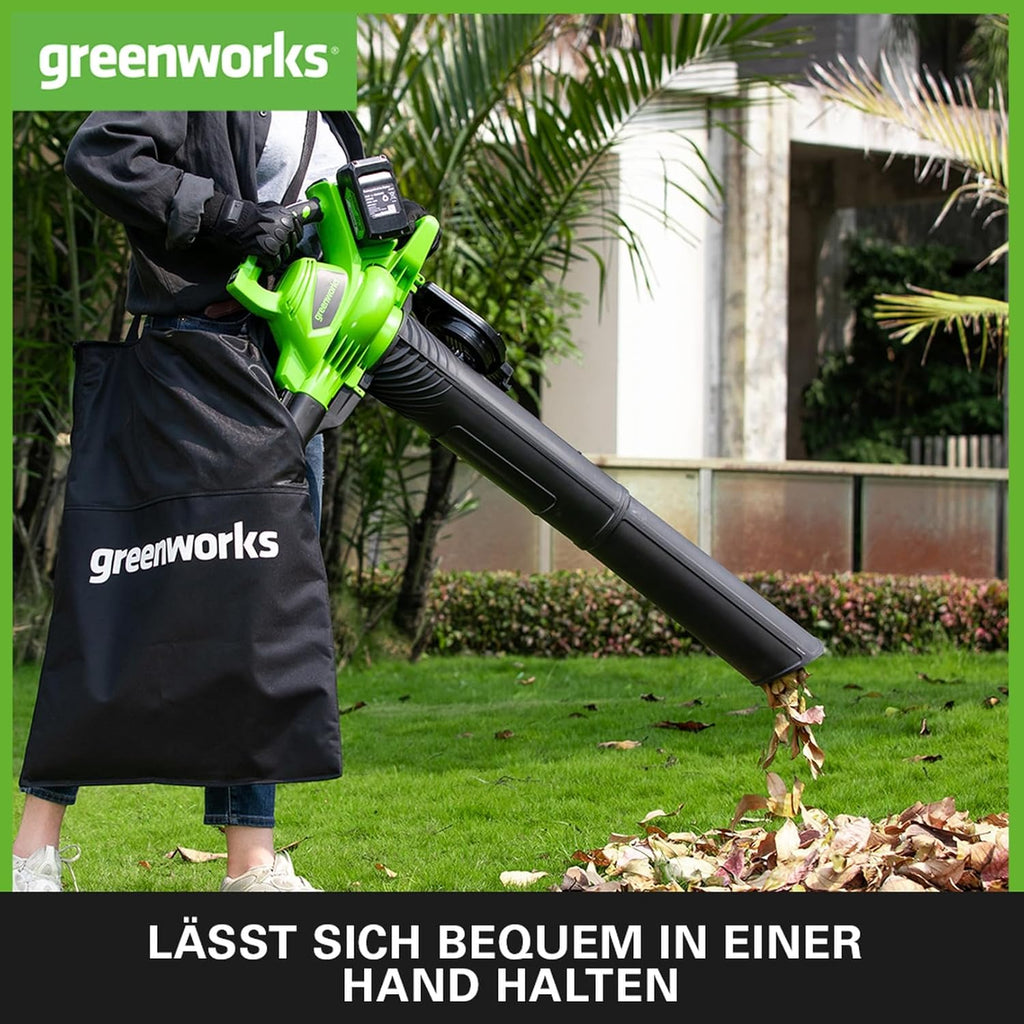 Greenworks 48V(2x24V) Akku Laubsauger / Laubbläser mit Schultergurt, bürstenloser Motor, 322 km/h, 9 m³/min, 45L Fangsack, zwei 4Ah Batterien & Ladegerät, 3 Jahre Garantie GD24X2BVK4X