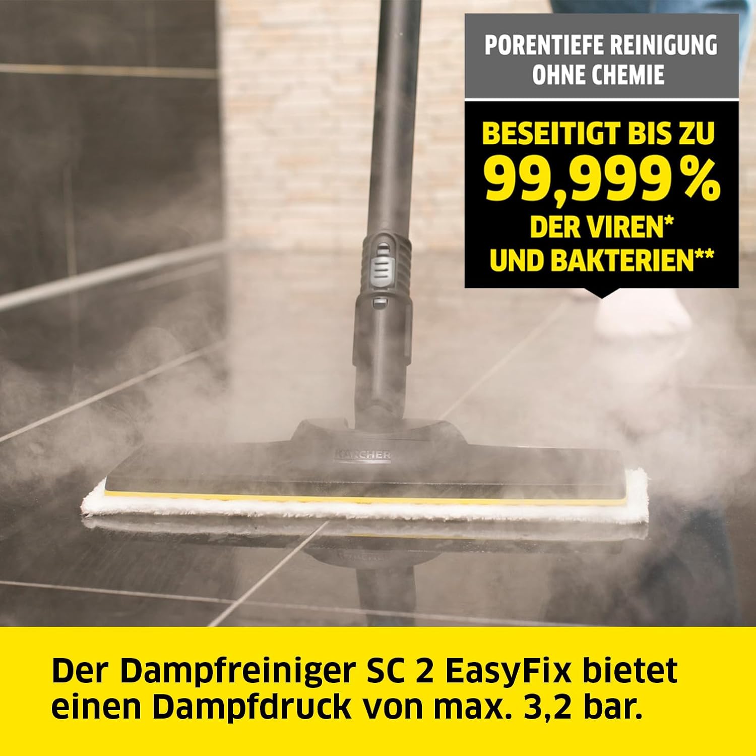 Kärcher Pulitore a vapore SC 2 EasyFix, pressione vapore: 3,2 bar, tempo di riscaldamento: 6,5 min., potenza: 1.500 W, copertura: 75 m², serbatoio: 1 l, con set per la pulizia del pavimento EasyFix, ugelli e panno in microfibra, bianco