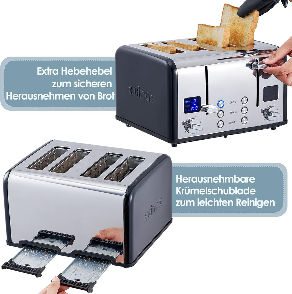 Tostapane 4 Fette, CUSIMAX Tostapane in acciaio inox con display a LED, 4 fessure extra larghe tostapane nero, 2 pannelli di controllo individuali con 6 livelli di doratura, funzione annulla, riscalda e scongela