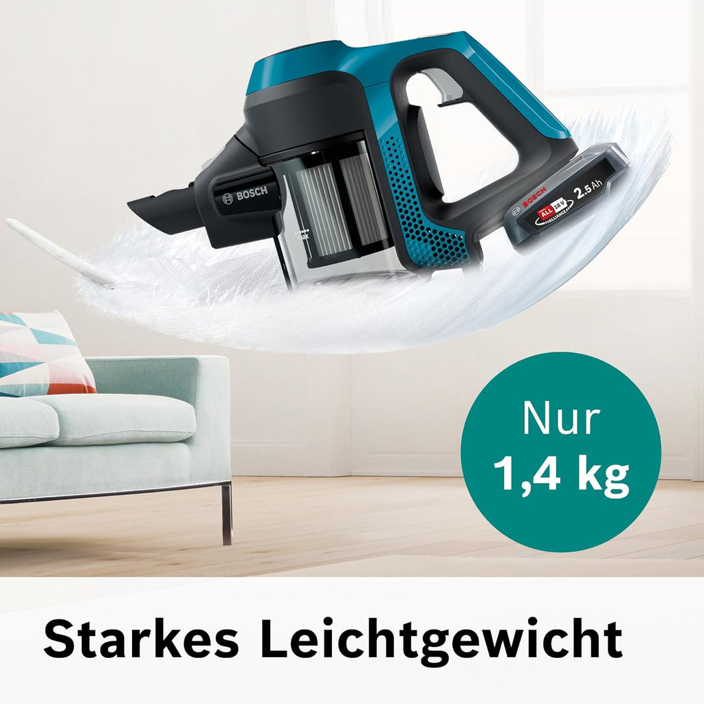 Bosch Akku-Staubsauger Unlimited Serie 6 BKS6111P, aspirapolvere senza fili, senza sacco, leggero, filtro igienico, elevata potenza di aspirazione, lunga autonomia, bocchetta per fessure, tutti i tipi di pavimento, blu