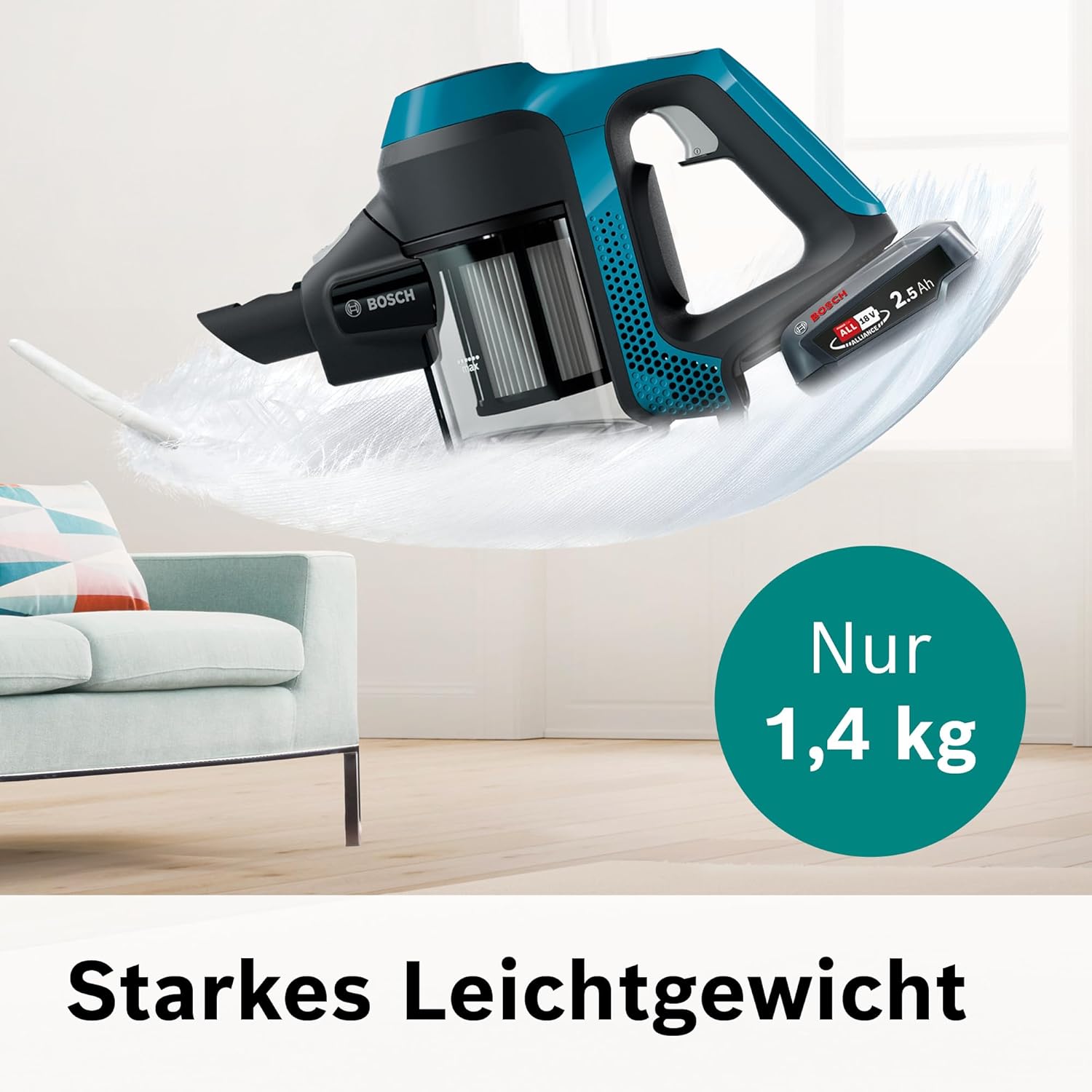 Bosch Akku-Staubsauger Unlimited Serie 6 BKS6111P, aspirapolvere senza fili, senza sacco, leggero, filtro igienico, elevata potenza di aspirazione, lunga autonomia, bocchetta per fessure, tutti i tipi di pavimento, blu