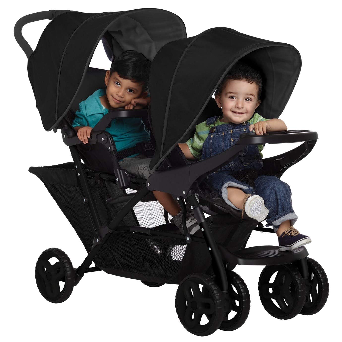 Graco Stadium Duo Passeggino Gemellare, 0-15 kg, utilizzabile anche con seggiolino auto, schienali reclinabili, pieghevole, sta in piedi da solo, ampio cestello portaoggetti, include vassoi portaoggetti, Titanium