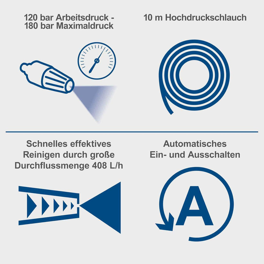 Scheppach Hochdruckreiniger HCE2550 mit 12 TLG. Zubehör | 180 bar Druck | 2400W Leistung | Quick Connect | 10m Schlauch, Flächenreiniger, Reinigungslanze, Düsenaufsatz, Standard- & Hochdruckdüse UVM.