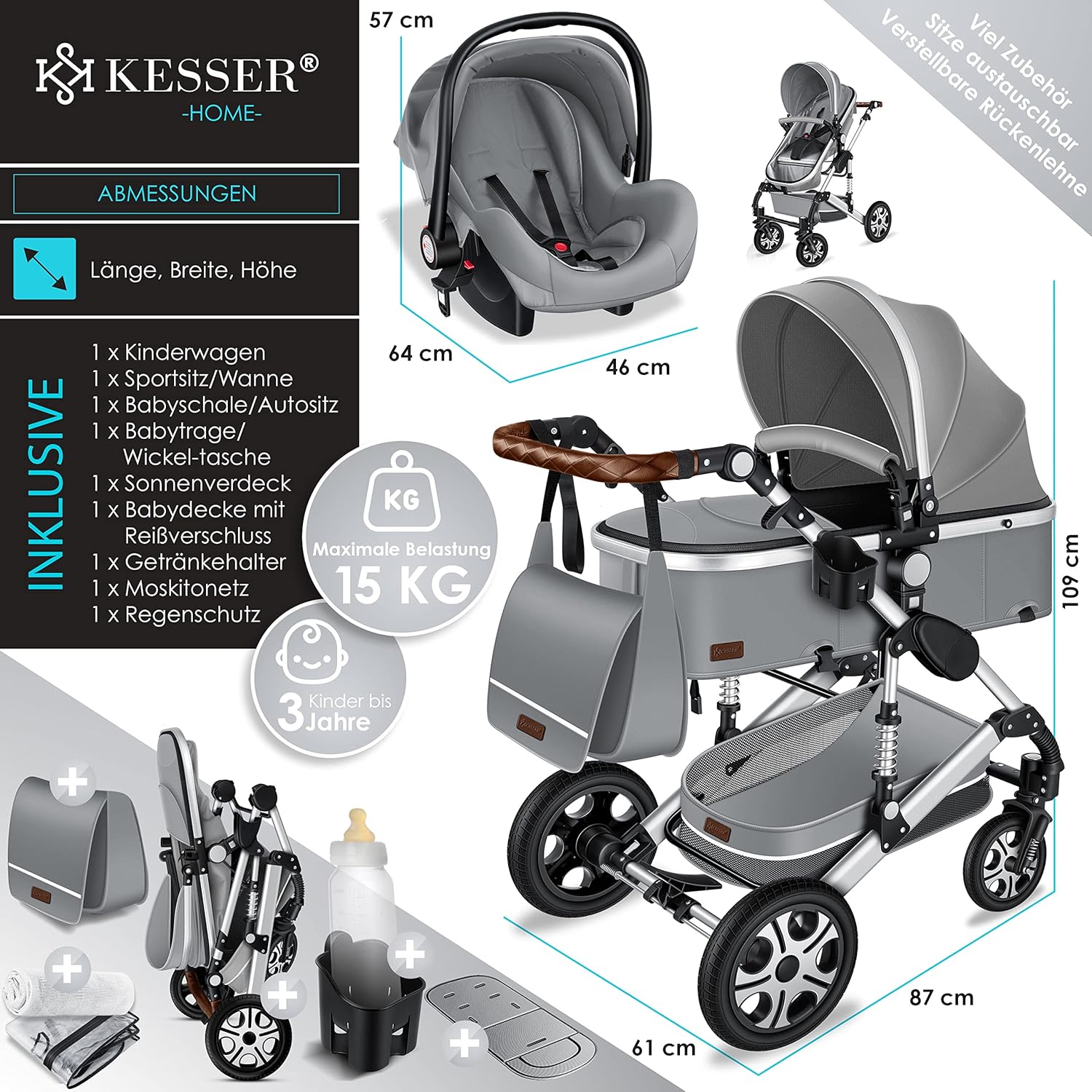 KESSER Loops 3 in 1 Passeggino Combinato, Set Completo con Navicella, Seduta Sportiva Buggy e Seggiolino Auto Ovetto, Gomme Piene, Borsa Fasciatoio, Parapioggia, Tavolino, ECE R129, Nero/Champagne