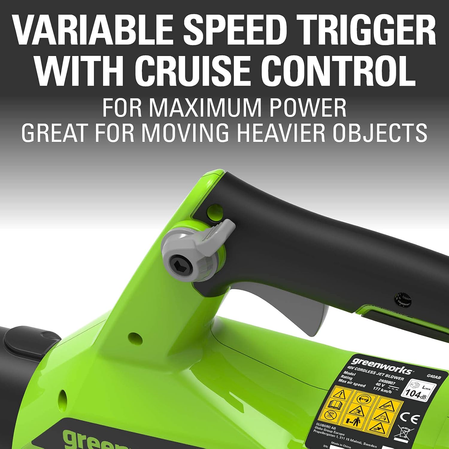 Greenworks GD40ABK2X Axial Akku Laubbläser mit bürstenlosem Motor, 210 km/h, 15,6 m³/min, zwei 40V 2Ah Akkus & Ladegerät, 3 Jahre Garantie