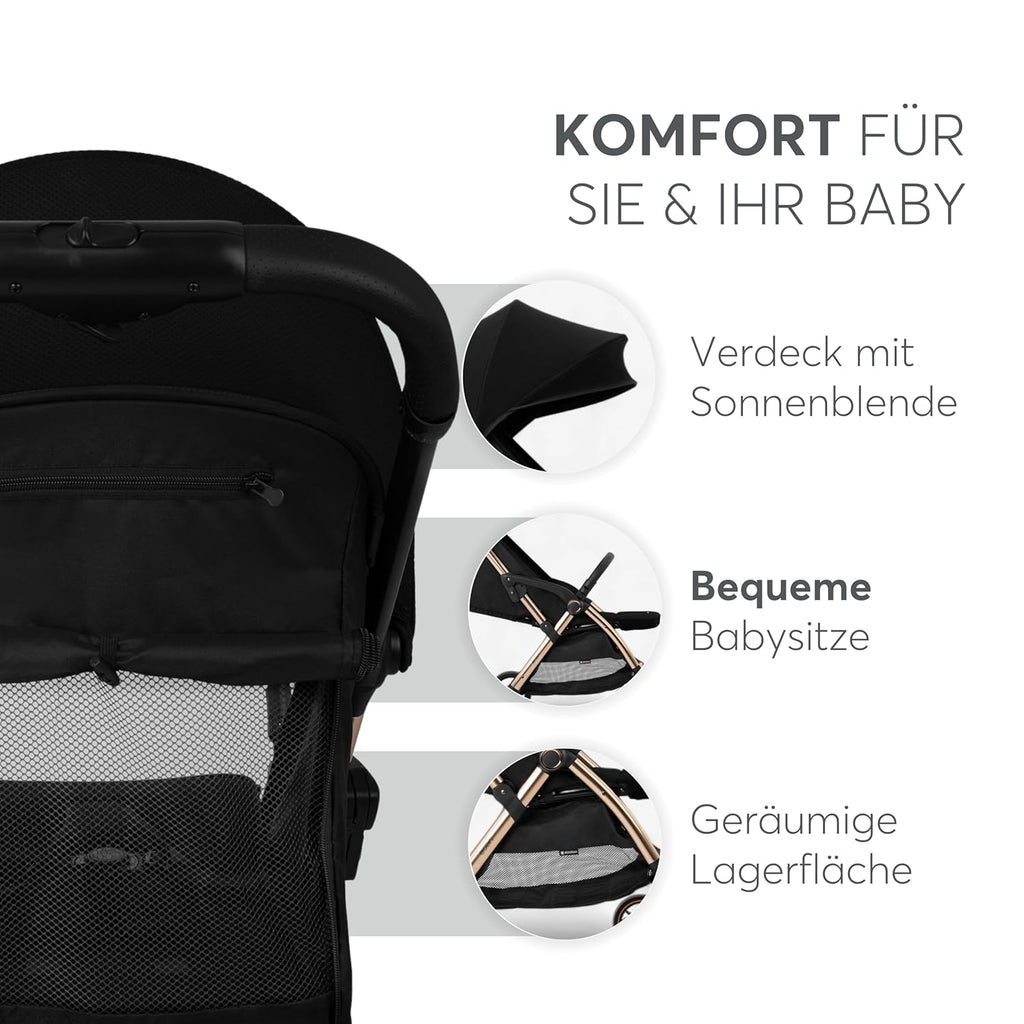 KikkaBoo EDEN Passeggino, passeggino fino a 22 kg, chiusura automatica, posizione reclinata, ultraleggero, compatto, nero