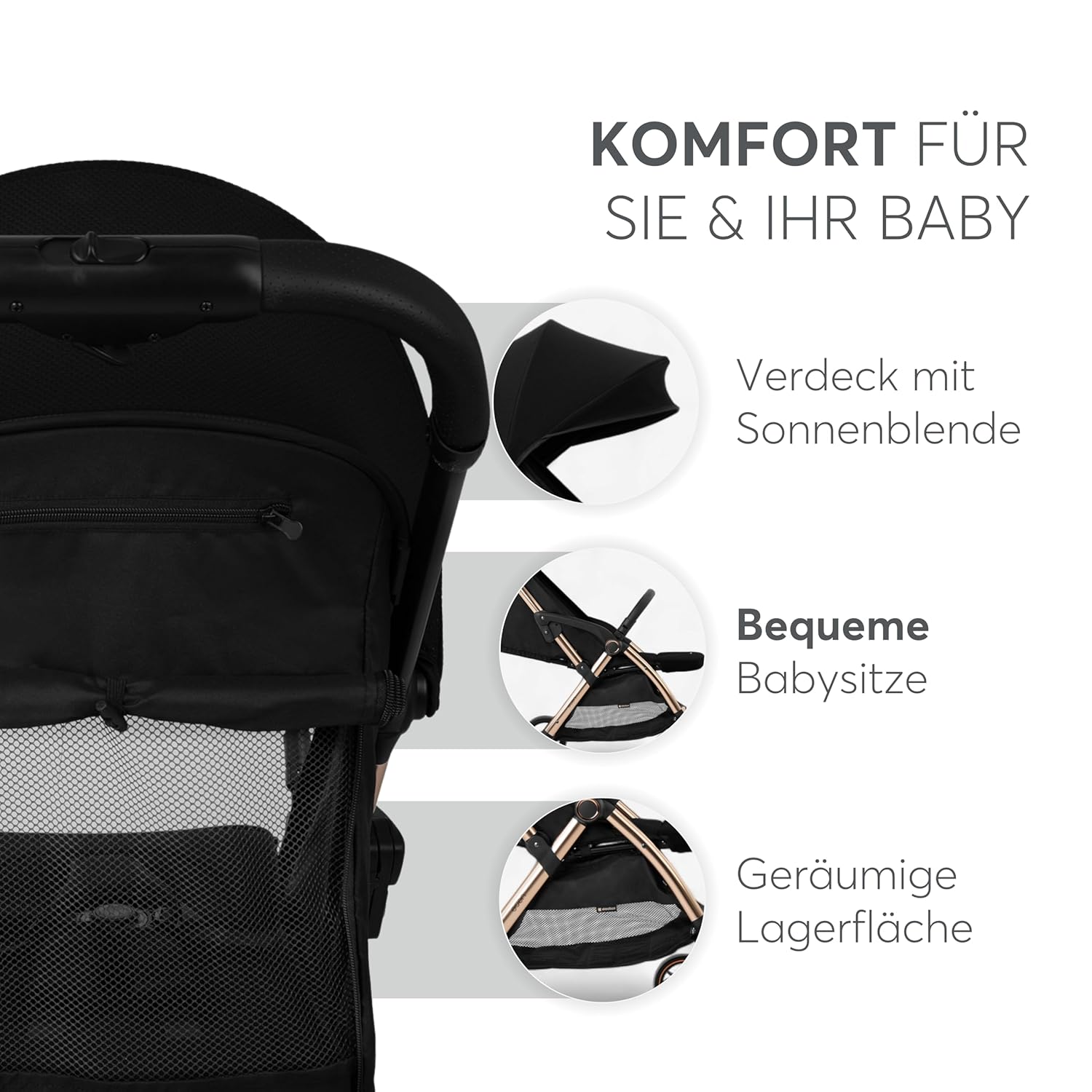 KikkaBoo EDEN Passeggino, passeggino fino a 22 kg, chiusura automatica, posizione reclinata, ultraleggero, compatto, nero