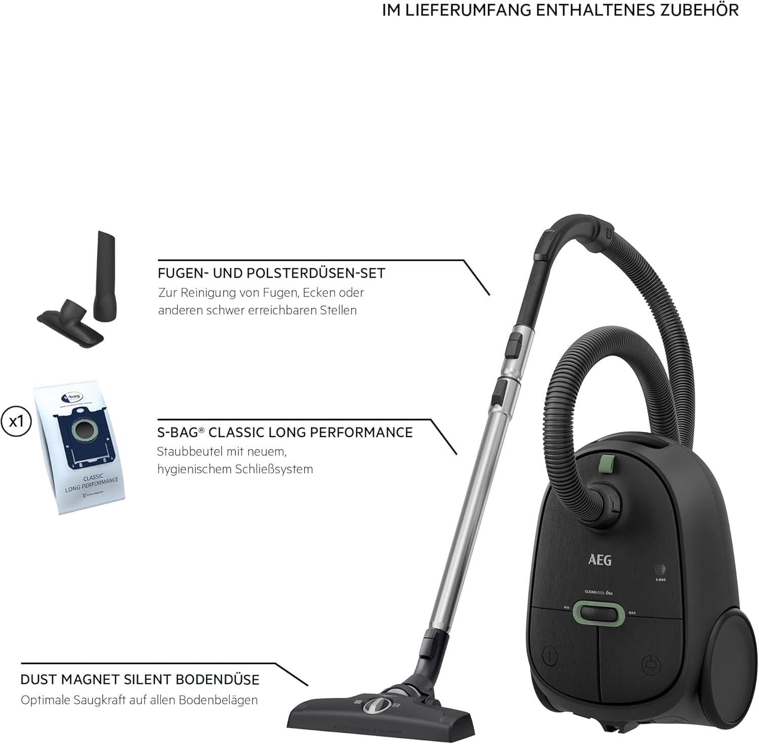 AEG CLEAN 6000 AB61C2DB Aspirapolvere con sacco / elevata potenza di aspirazione / include bocchetta per imbottiti / 50% plastica riciclata / ideale per proprietari di animali domestici / pulizia di tappezzeria / cavo da 12 m / 750 W / Blu