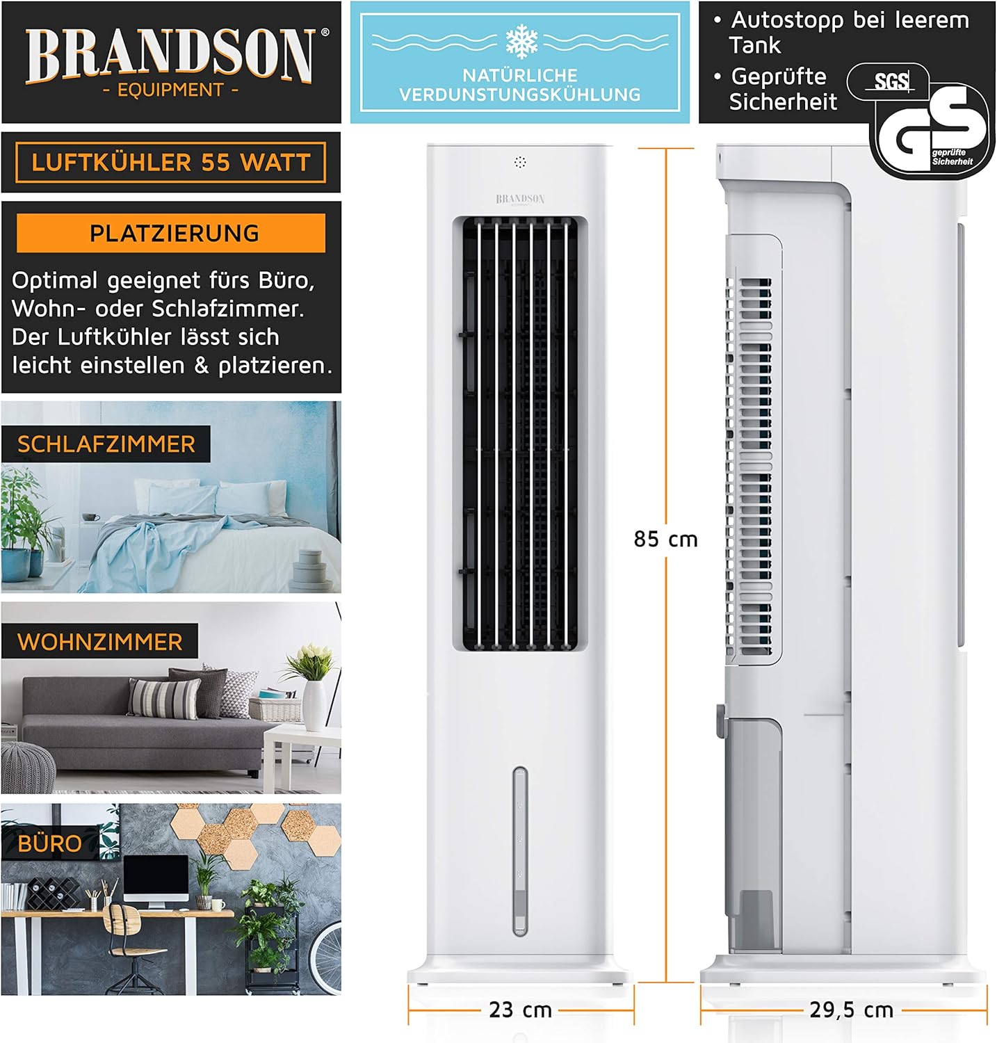 Brandson - Raffrescatore evaporativo 5 in 1 - Refrigeratore evaporativo, umidificatore, ventilatore e purificatore d'aria, condizionatore d'aria portatile senza tubo di scarico - Vincitore del premio 2025 - Silenzioso - Serbatoio dell'acqua da 5 litri
