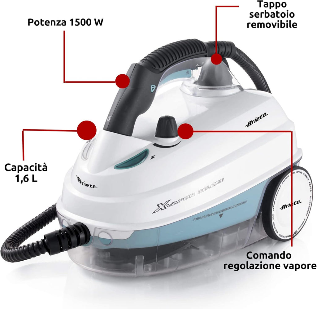 Ariete 4146 XVapor Deluxe Pulitore a Vapore con Ruote, 5 bar, Vano Porta Accessori Integrato, Autonomia fino a 55 Minuti, Cavo da 6 m, Bianco