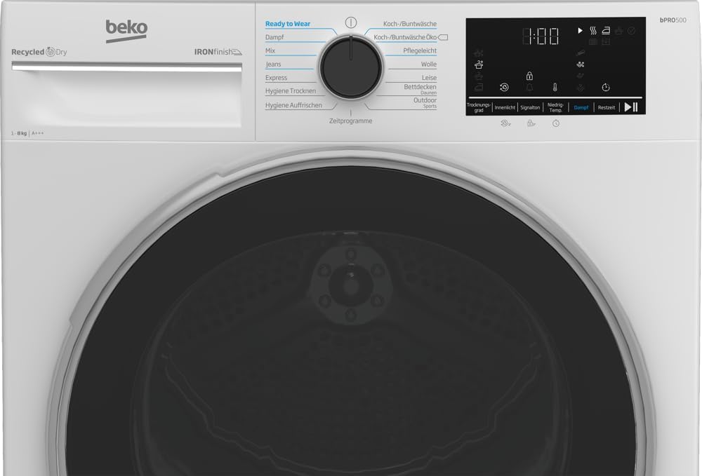 Beko B5T4824IF bPRO 500 Asciugatrice, 8 kg, Caricamento frontale, Pompa di calore, Adatta per chi soffre di allergie, 15 programmi, Funzione vapore, Antipiega, Programma silenzioso, Cesto AquaWave, Bianco