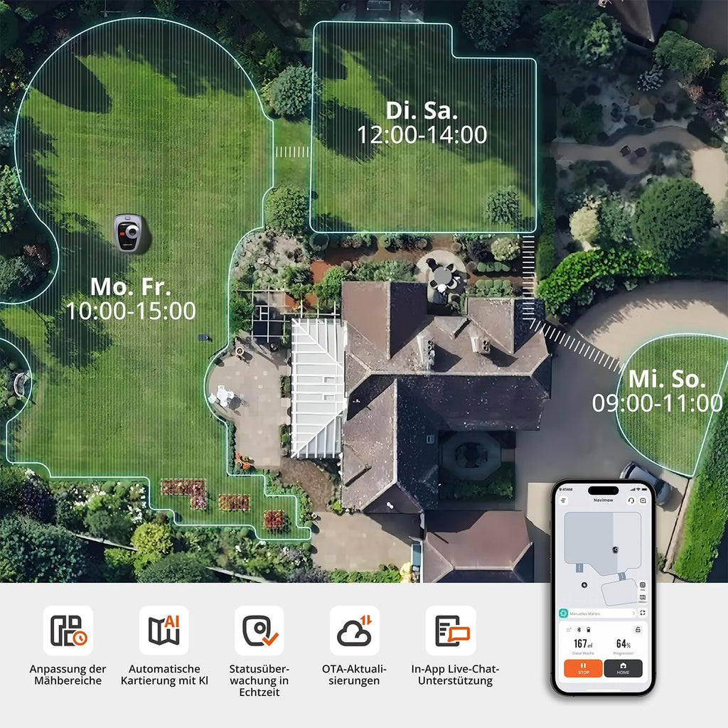 Navimow i105E Mhroboter ohne Begrenzungskabel 500 m, RTK+Vision Rasenmher Roboter, KI Automatische Kartierung, Virtuelle Begrenzung, Mehrzonen-Management