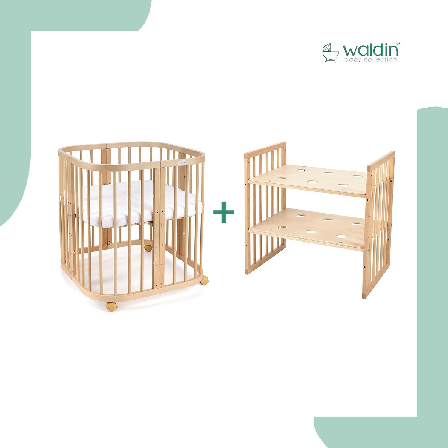 Waldin Lettino per bambini in legno 7in1 con materasso, Letto "Cresci con me", Ventilato, Base regolabile in 5 altezze, Set All-Inclusive, Legno Bianco