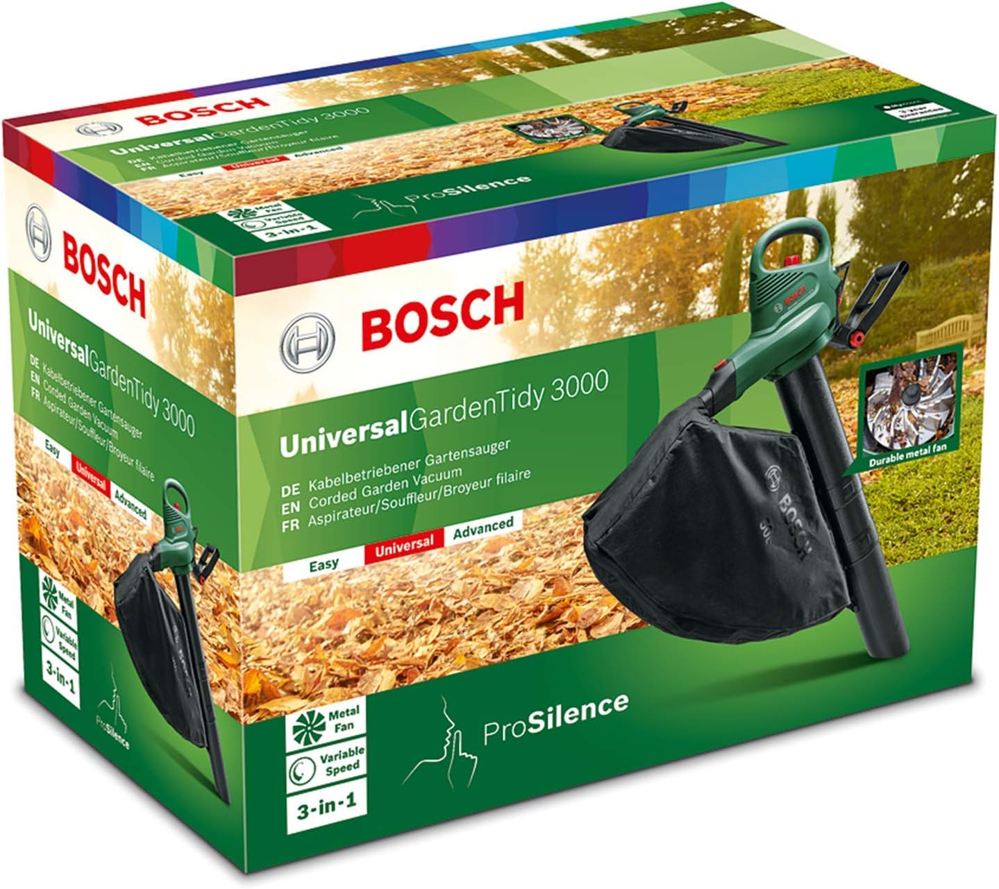 Bosch UniversalGardenTidy 3000 Soffiatore/Aspiratore Elettrico (3000 W, sacco di raccolta da 50 l, regolazione continua della velocità, per soffiare, aspirare e triturare foglie, in confezione di cartone)