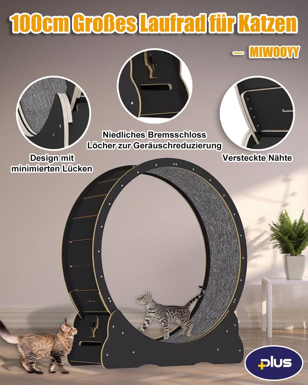 MIWOOYY Katzenlaufrad Großes Laufrad für Katzen 100cm – Schwarzes Katzenrad aus Massivholz für Drinnen Katzen, Sicherheits Katzen Laufrad mit Schloss und Minimiertem Spaltdesign