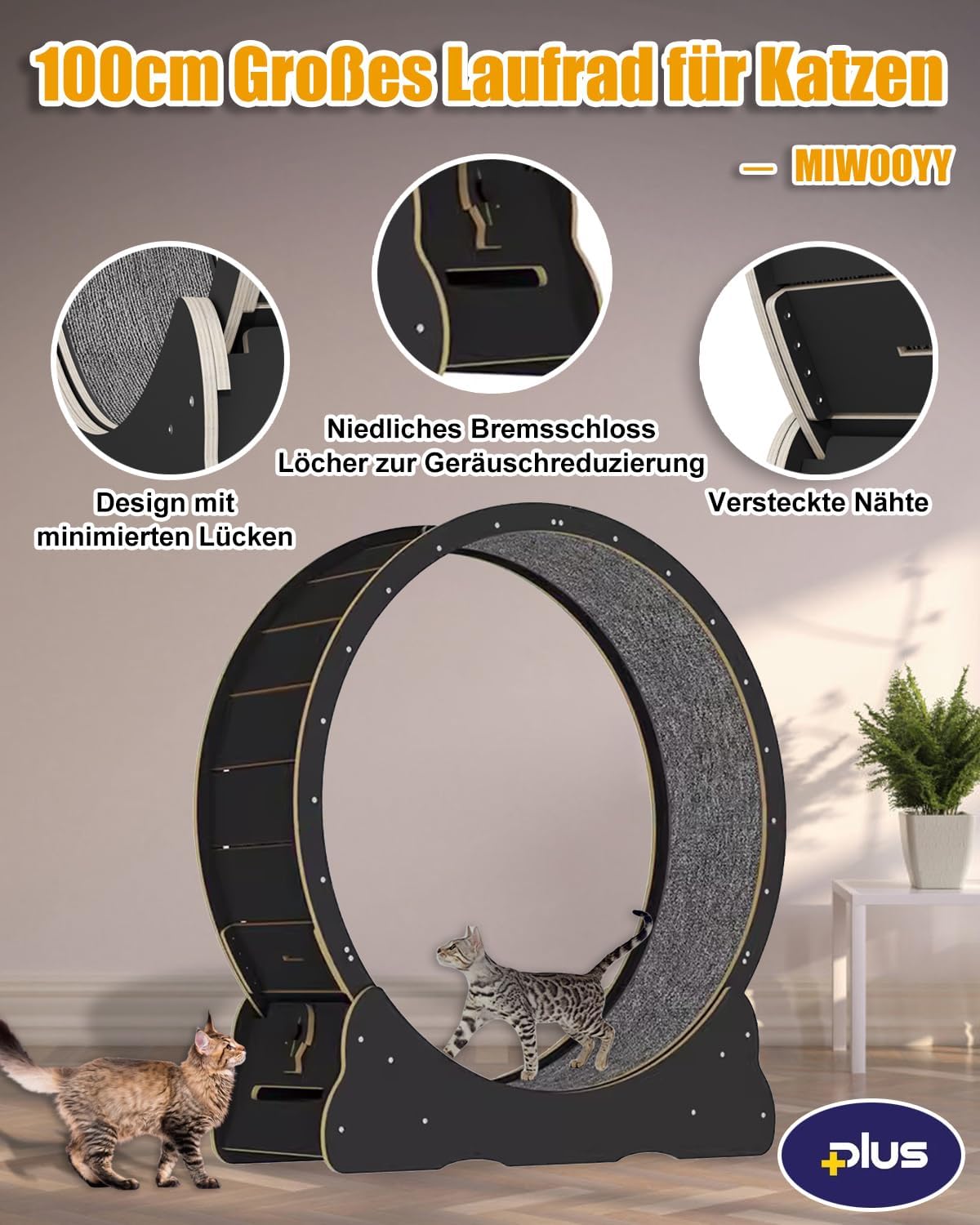 MIWOOYY Katzenlaufrad Großes Laufrad für Katzen 100cm – Schwarzes Katzenrad aus Massivholz für Drinnen Katzen, Sicherheits Katzen Laufrad mit Schloss und Minimiertem Spaltdesign