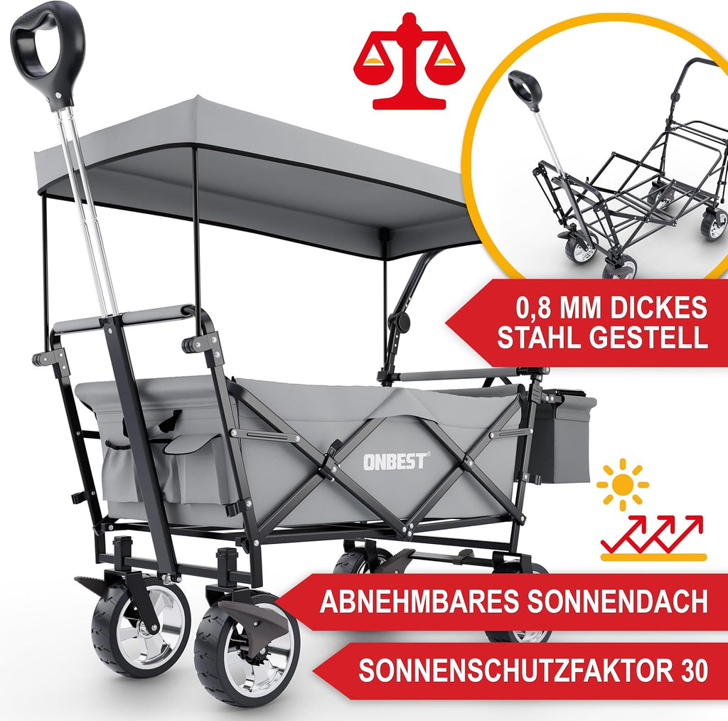 ONBEST Carretto Pieghevole - Con Parapioggia - Carrello Pieghevole con Tetto 100 kg di Carico - Tetto Parasole - Borsa Termica - Portabicchieri - Outdoor - Carrello da Spiaggia Pieghevole (Nero)