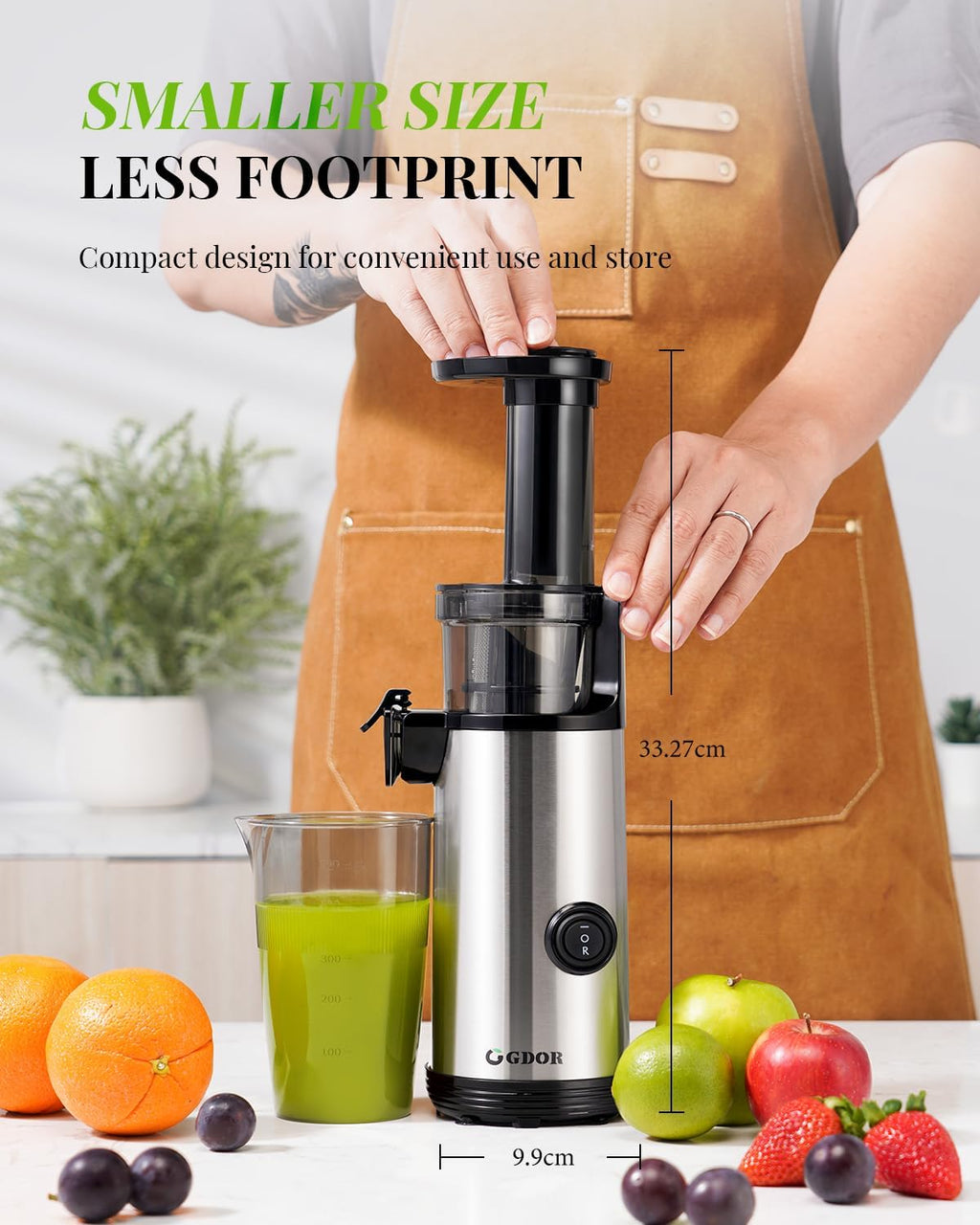 GDOR Spremiagrumi Compatto Spremiagrumi Potente Spremiagrumi Lento Facile da Pulire Macchina Spremiagrumi Silenzioso per Frutta e Verdura, 600 ml, Elevata Resa di Succo, Spazzola Inclusa, Senza BPA