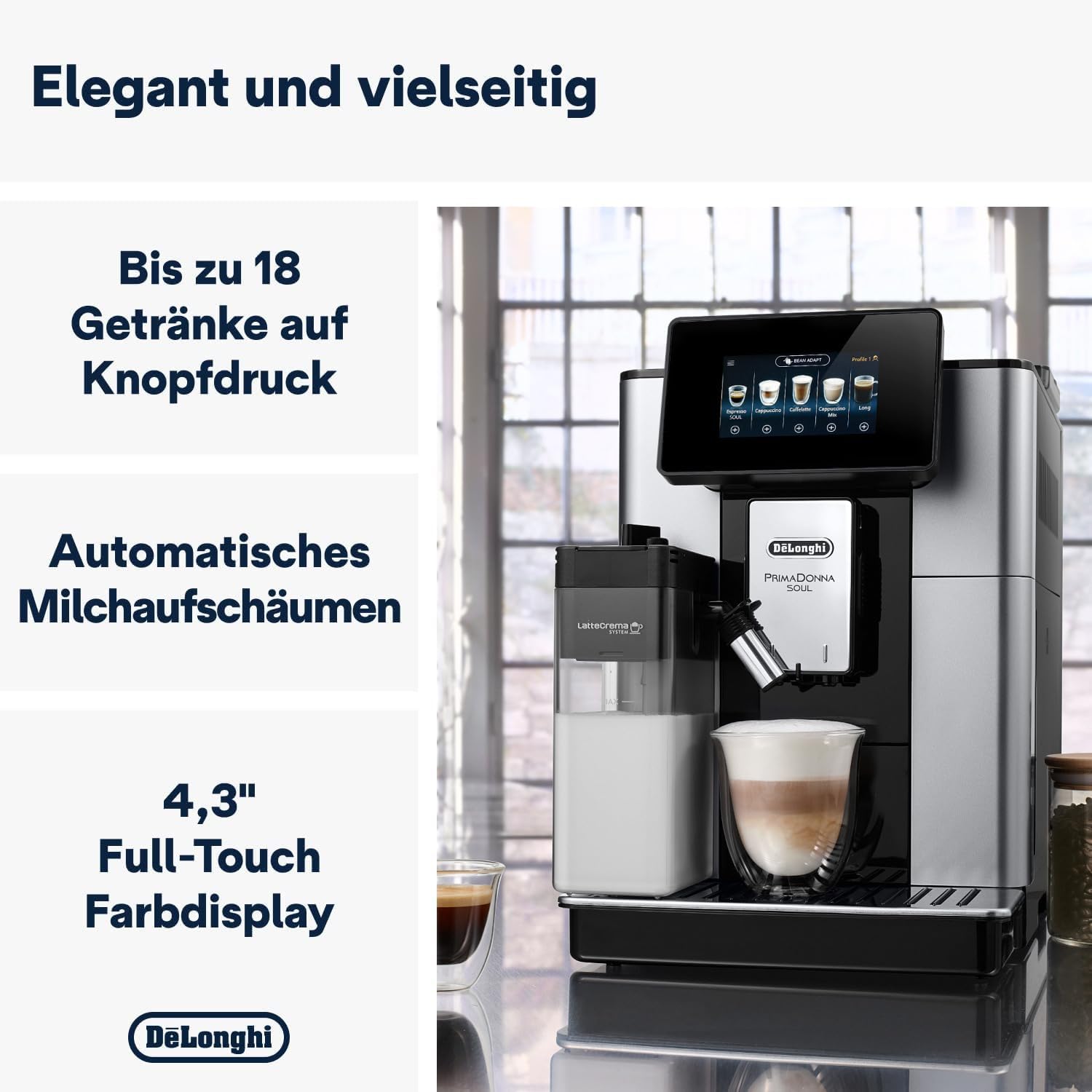 De'Longhi PrimaDonna Soul Perfetto ECAM 612.55.SB Macchina da caffè automatica con sistema LatteCrema e tecnologia Bean Adapt, 18 ricette, con display a colori e controllo tramite app, Argento/Nero