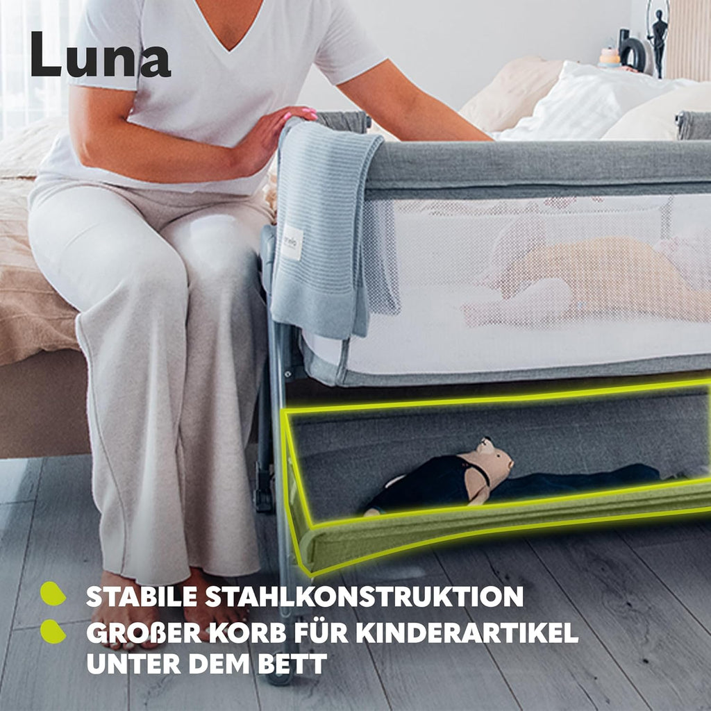 Lionelo Luna EIN tragbares Beistellbett mit Einer Matratze, reisebett, von Neugeboren bis 9 kg, in der Höhe und der Neigung verstellbar, 4 Rädern mit Bremse, Befestigung zum Elternbett (Beige)