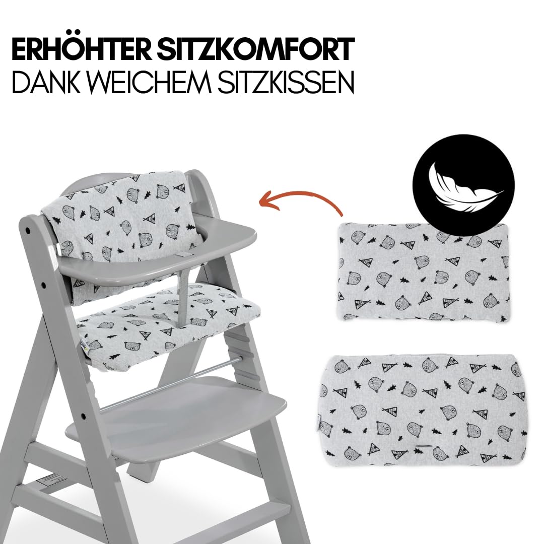 hauck Alpha Plus Newborn Set mit Premium Bouncer Dark Grey - Baby Holz Hochstuhl ab Geburt mit Liegefunktion - extra flacher Aufsatz für Neugeborene & Baumwoll Sitzpolster - Grau