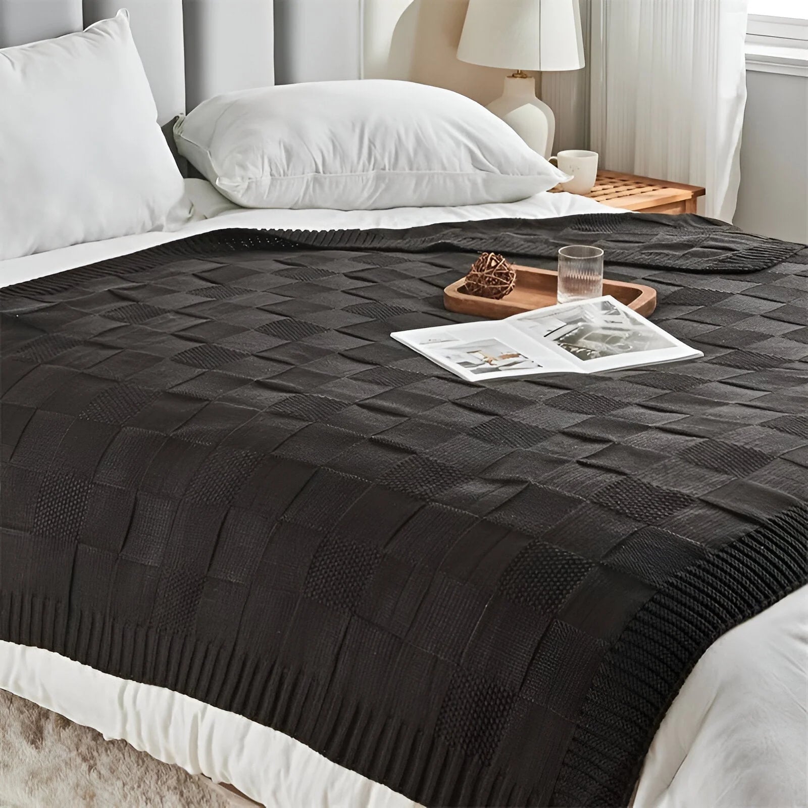 MonoKnit Coperta lavorata a maglia – Coperta in pile acrilico a righe di alta qualità, in bianco e nero, per letto e divano