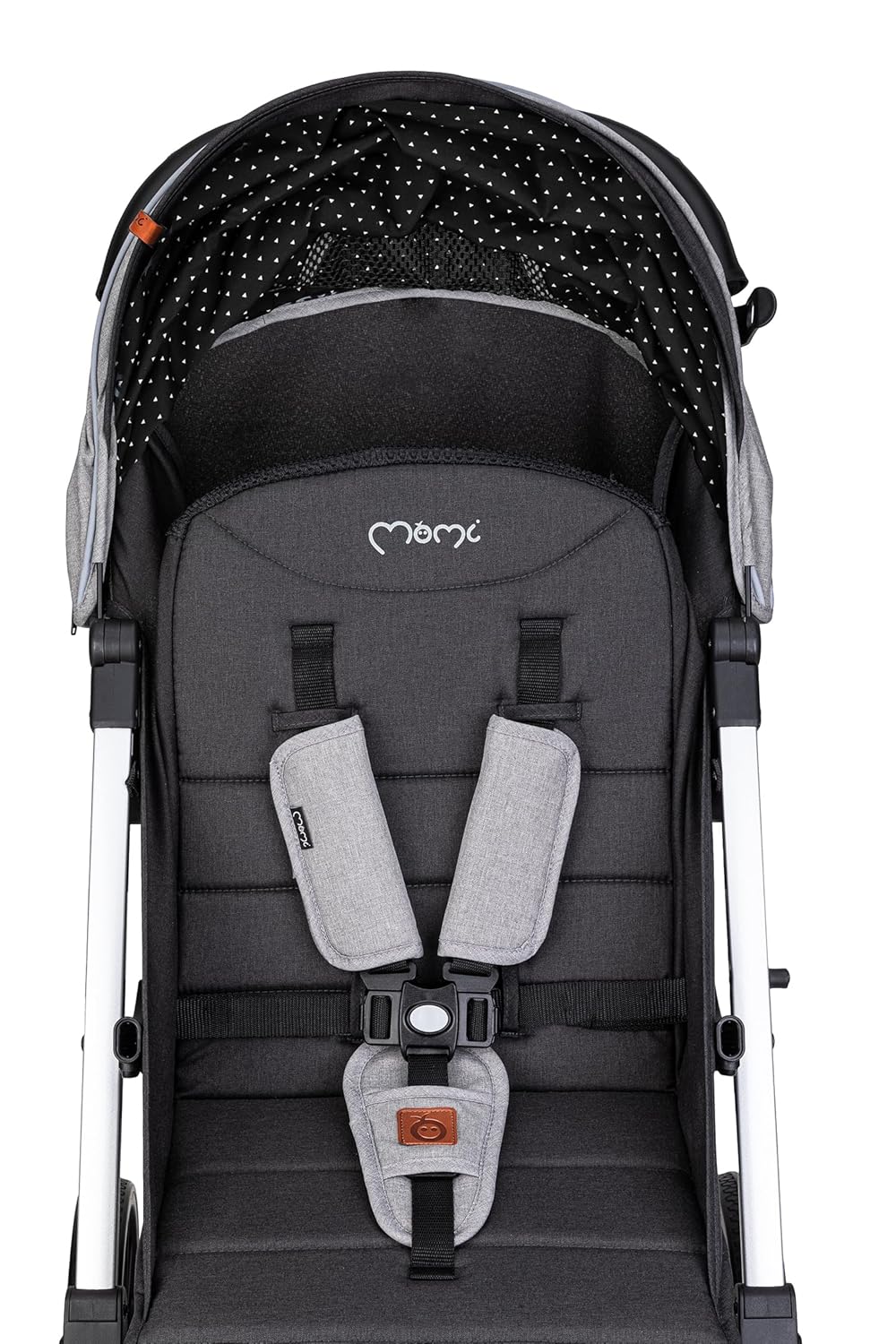 MOMI ESTELLE Kinderwagen für Kinder ab 6 Monat bis zu max körpergewicht von 15 kg, klappbar auf die Maße 65 x 51 x 21 cm, gewicht 7,5 kg, 5-Punkt-Sicherheitsgurt, koffer, grau-gold, Räder 6''/6,5''