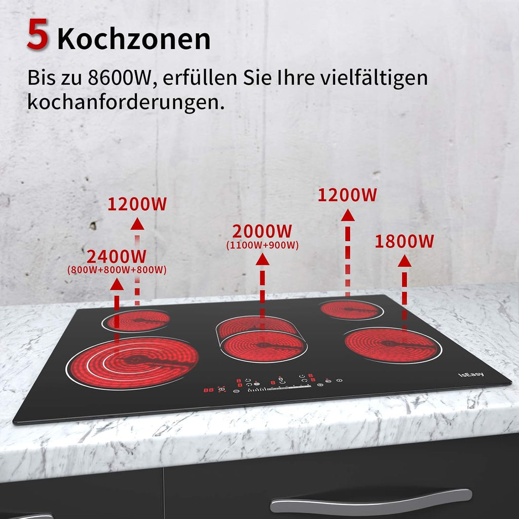 IsEasy 4 Zonen Einbau Induktionskochfeld mit 9 Leistungsstufen &1-99Min Timer, Boost-Funktion, Induktionskochplatte, Induktion Herdplatte mit 4 Platten, 60cm, 6800W, Schwarz