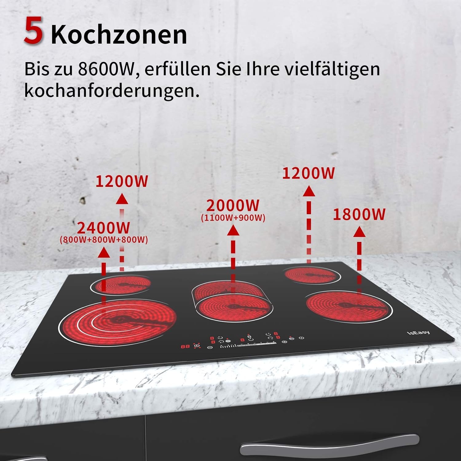 IsEasy 4 Zonen Einbau Induktionskochfeld mit 9 Leistungsstufen &1-99Min Timer, Boost-Funktion, Induktionskochplatte, Induktion Herdplatte mit 4 Platten, 60cm, 6800W, Schwarz
