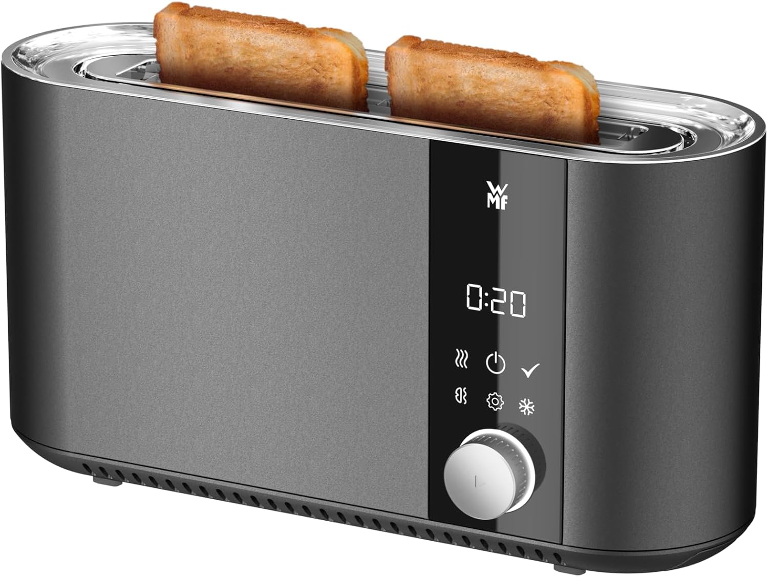 WMF Master Toaster Langschlitz motorizzato, tostapane 2 fette, pane tostato XXL, centratura automatica del pane, funzione Check-Up, tostapane 980 W, pannello touch, barra luminosa LED, tostapane acciaio inox opaco