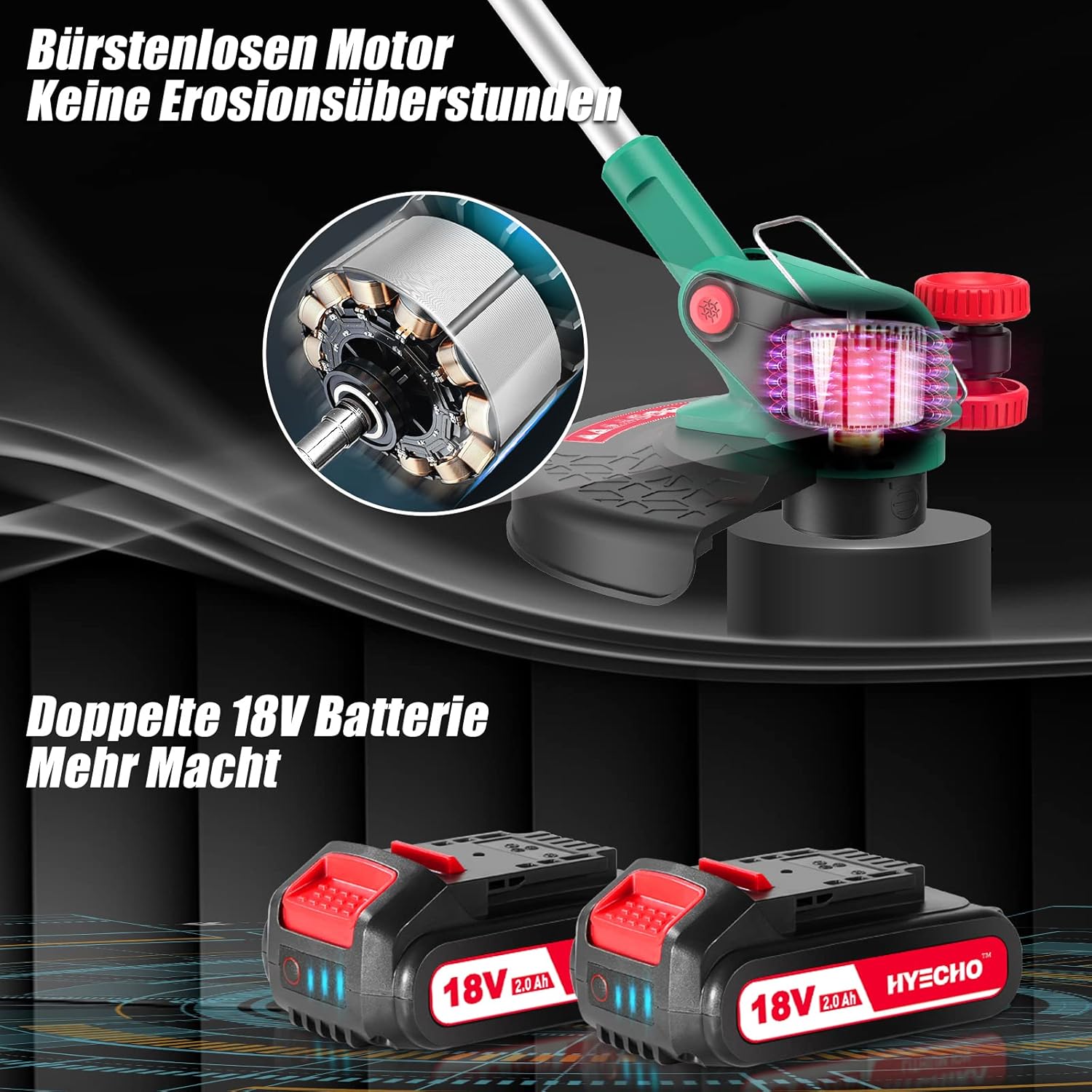 Tagliabordi a batteria HYECHO 36V, Tagliabordi senza spazzole con 2 batterie da 2,0Ah, Tagliabordi a batteria con velocità variabile, Diametro di taglio 35 cm, Impugnatura regolabile, Testa girevole a 2 fili