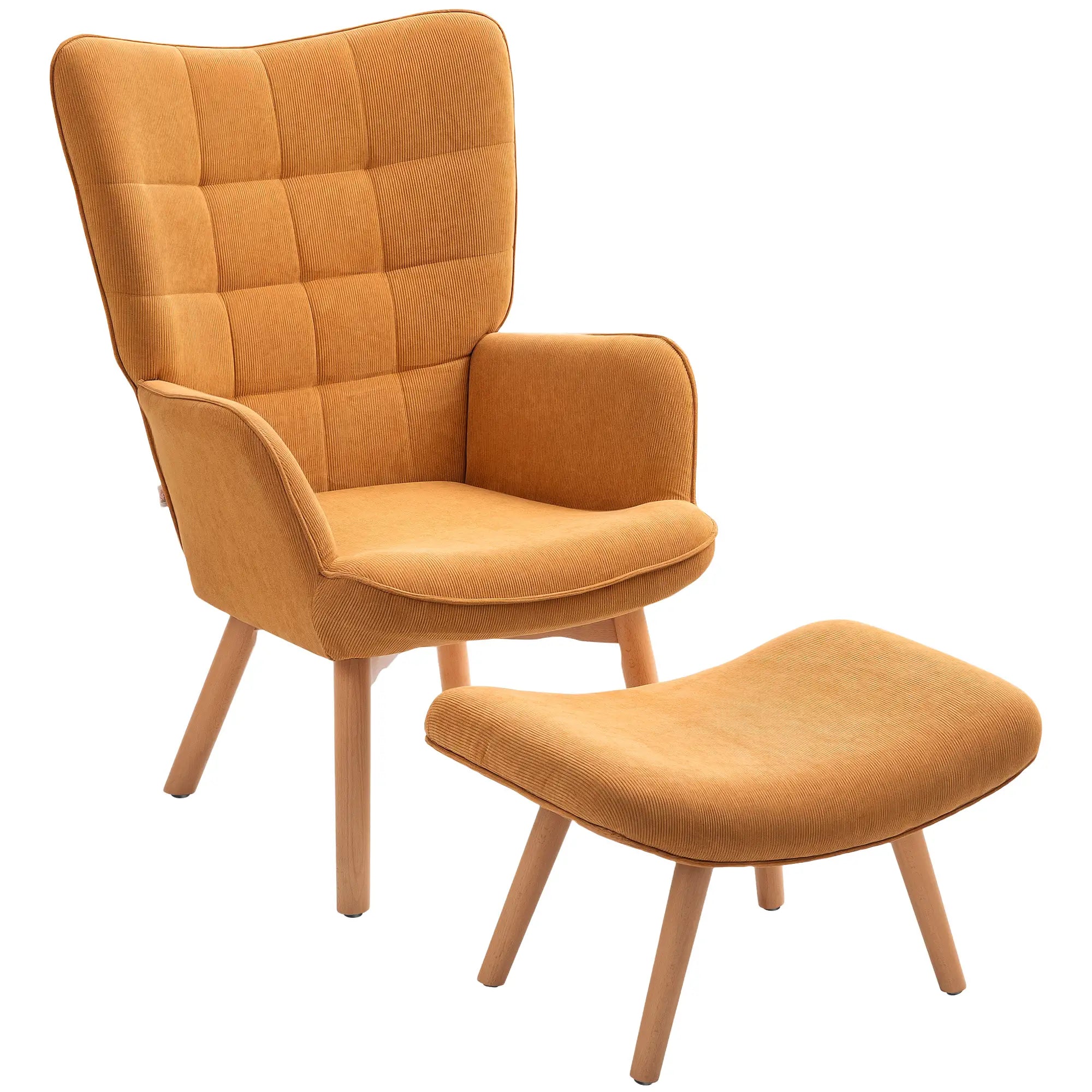 HOMCOM Poltrona Relax con Poggiapiedi, Set Poltrona Bergère in Legno di Faggio Effetto Velluto a Coste Marrone