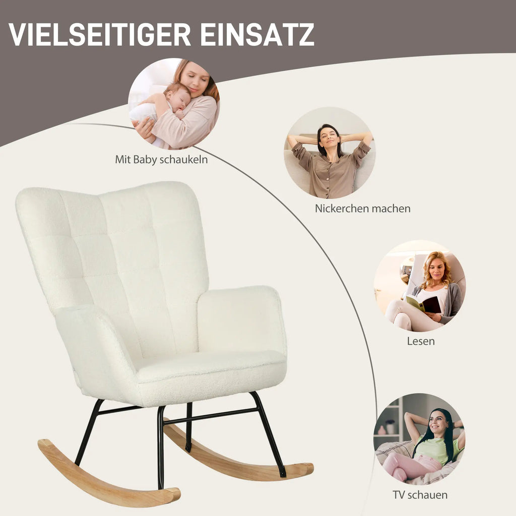 HOMCOM Schaukelstuhl Berbervliesoptik Holzkufen Weiß Entspannung