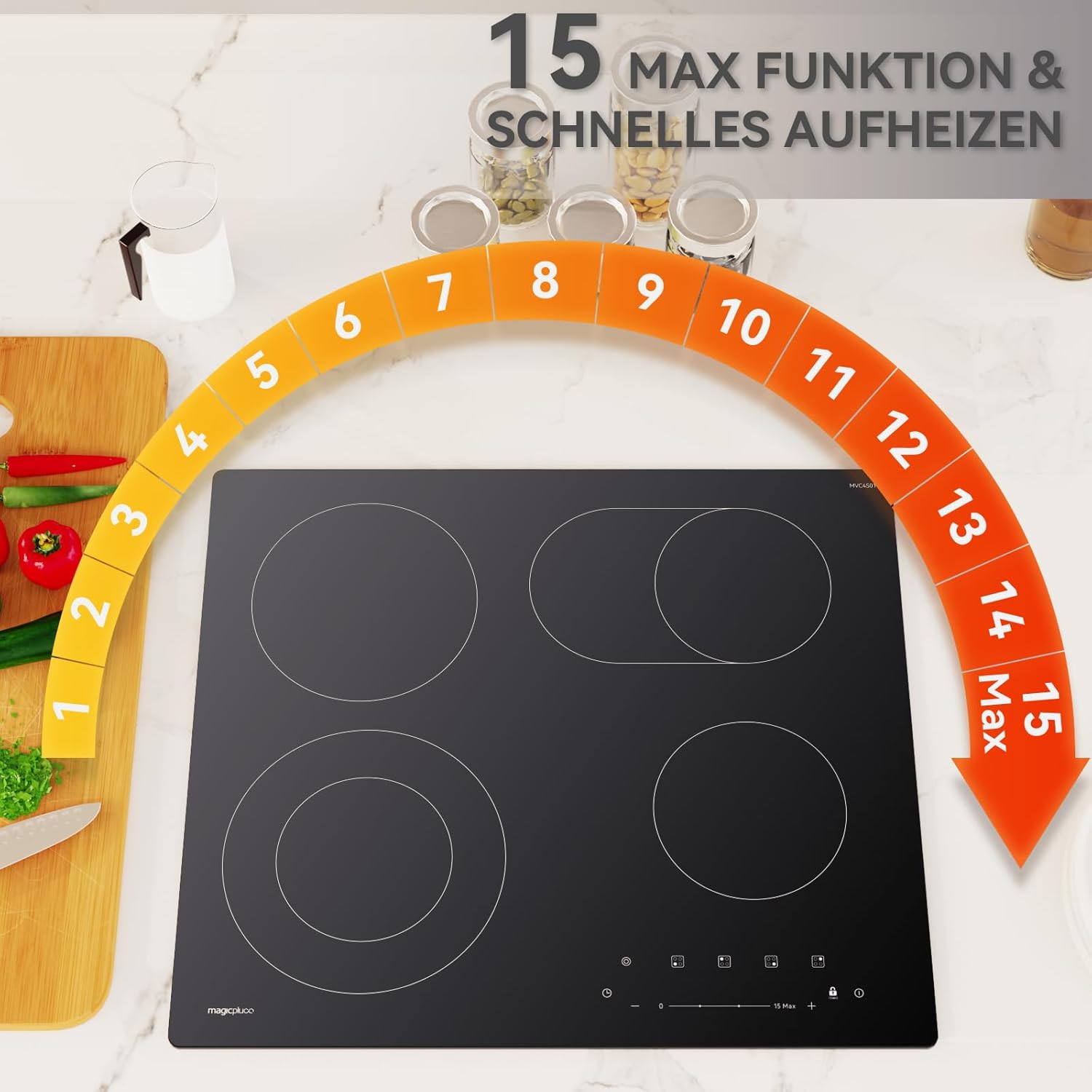 Piano cottura a induzione magicplux 60 cm, 4 zone di cottura a induzione con due zone flessibili, 9 livelli di potenza e funzione booster, timer 1-99 minuti, 7200 W