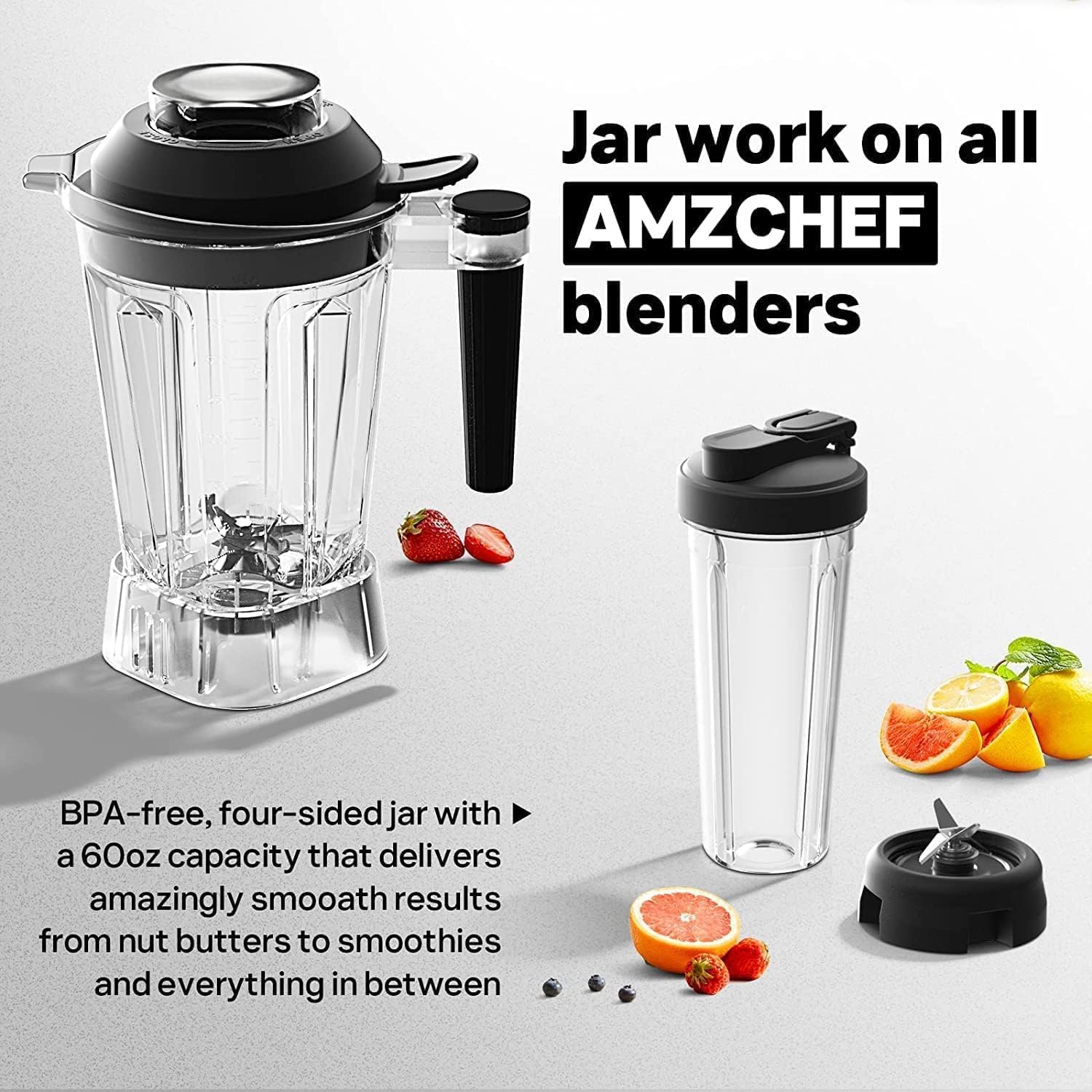 AMZCHEF Frullatore Professionale 2 IN1 con Contenitori da 1850 ml e 600 ml per Due Modalità di Frullatura | Frullatore da Tavolo 2000 Watt con 6 Lame Professionali e 22000 Giri/Min - Grigio Opaco