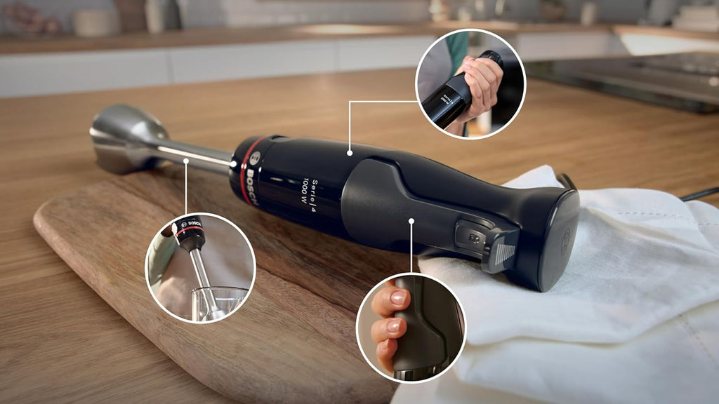 Bosch Frullatore a immersione ErgoMaster Serie 4, 1000 Watt, Piede in acciaio inox, Tritatutto, Bicchiere graduato, nero