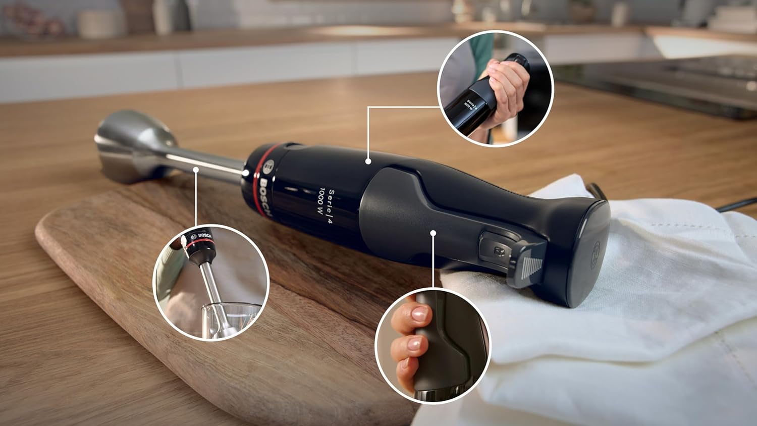 Bosch Frullatore a immersione ErgoMaster Serie 4, 1000 Watt, Piede in acciaio inox, Tritatutto, Bicchiere graduato, nero