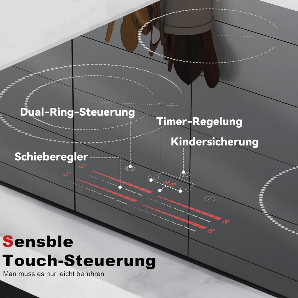 Karinear Einbau-Kochfeld aus Glaskeramik, 4 Kochfelder, mit doppelter ausziehbarer Zone, integrierter elektrischer Tisch mit Touch-Steuerung, Timer, Verriegelung für Kinder, 6600 W