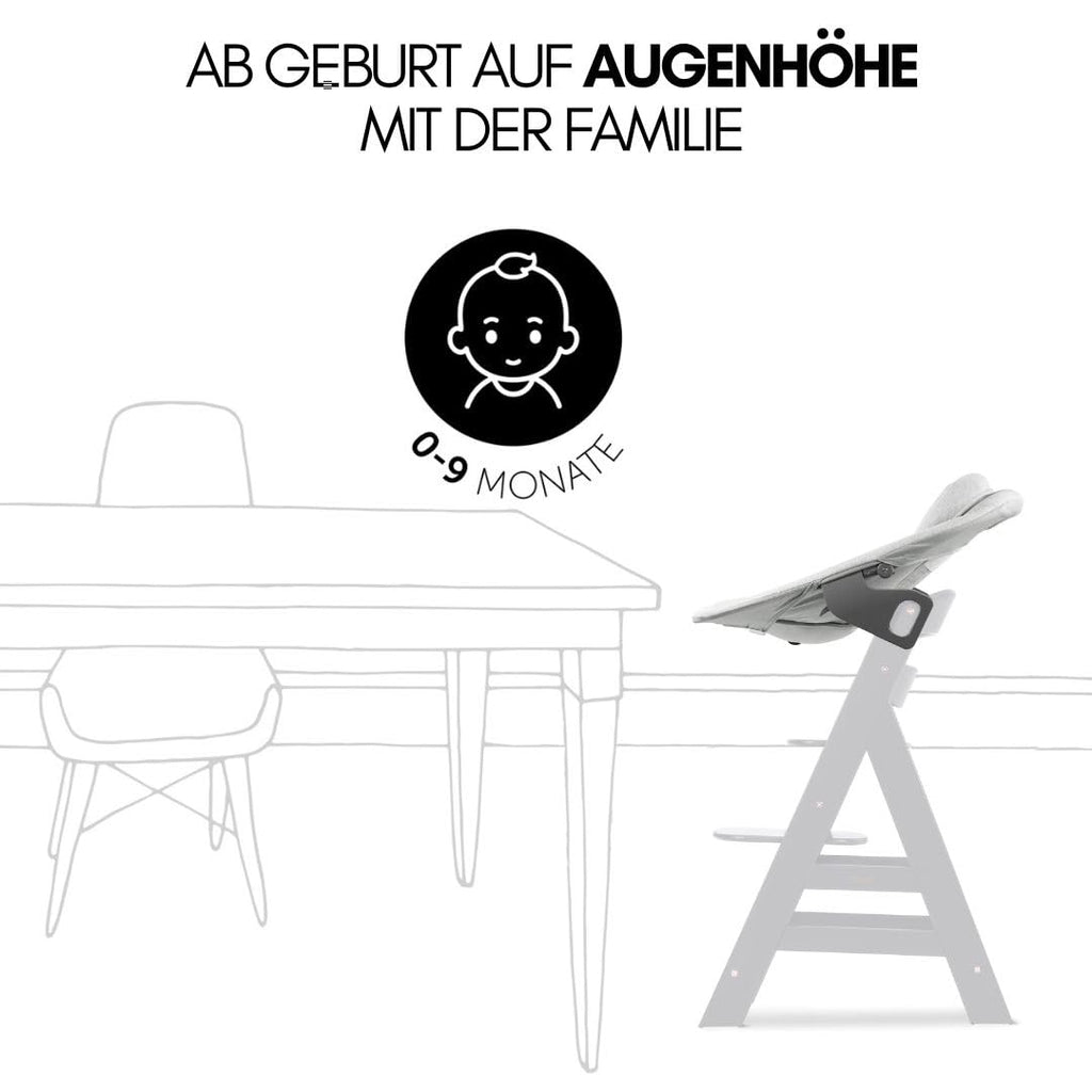 hauck Alpha Plus Newborn Set mit Premium Bouncer Dark Grey - Baby Holz Hochstuhl ab Geburt mit Liegefunktion - extra flacher Aufsatz für Neugeborene & Baumwoll Sitzpolster - Grau