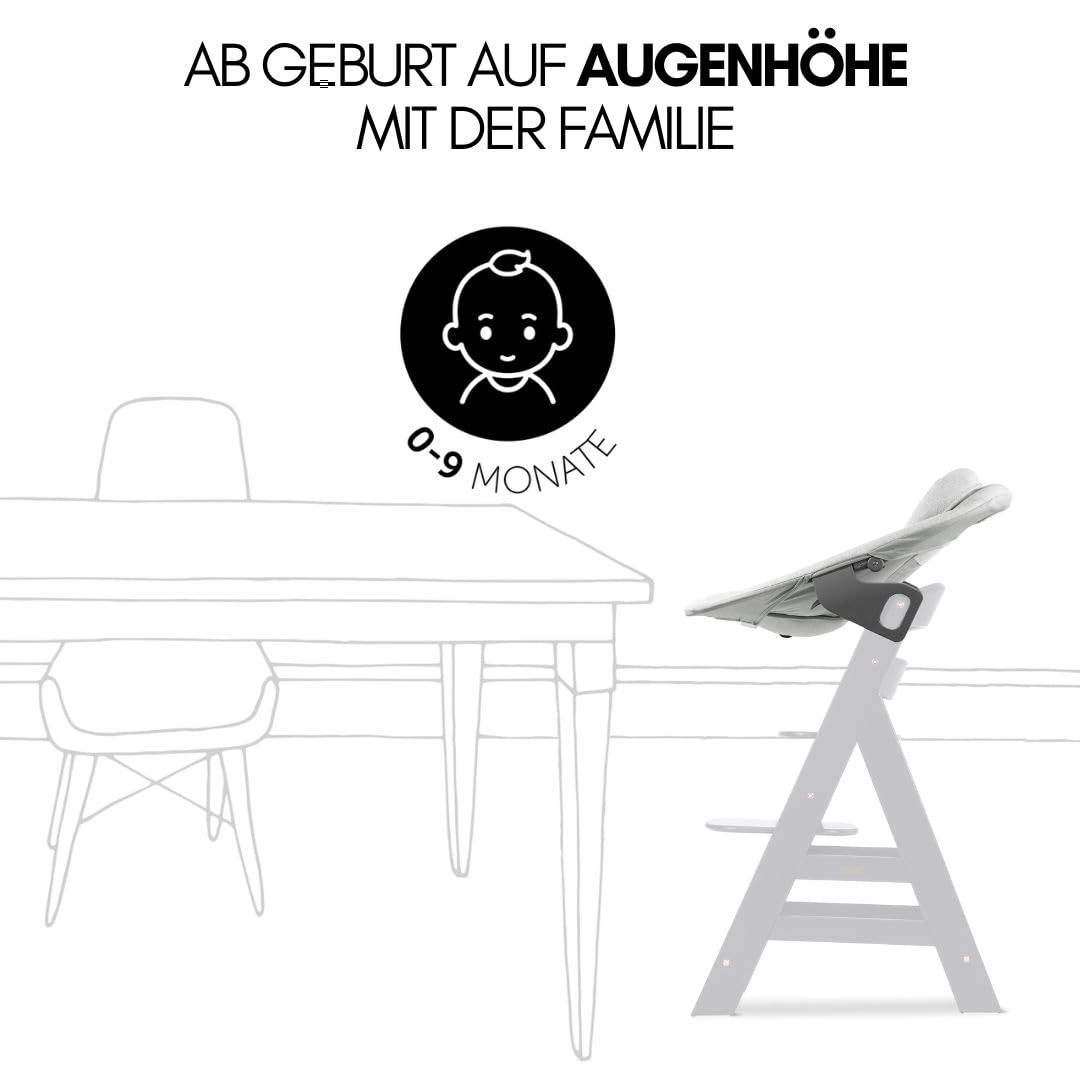 hauck Alpha Plus Newborn Set mit Premium Bouncer Dark Grey - Baby Holz Hochstuhl ab Geburt mit Liegefunktion - extra flacher Aufsatz für Neugeborene & Baumwoll Sitzpolster - Grau