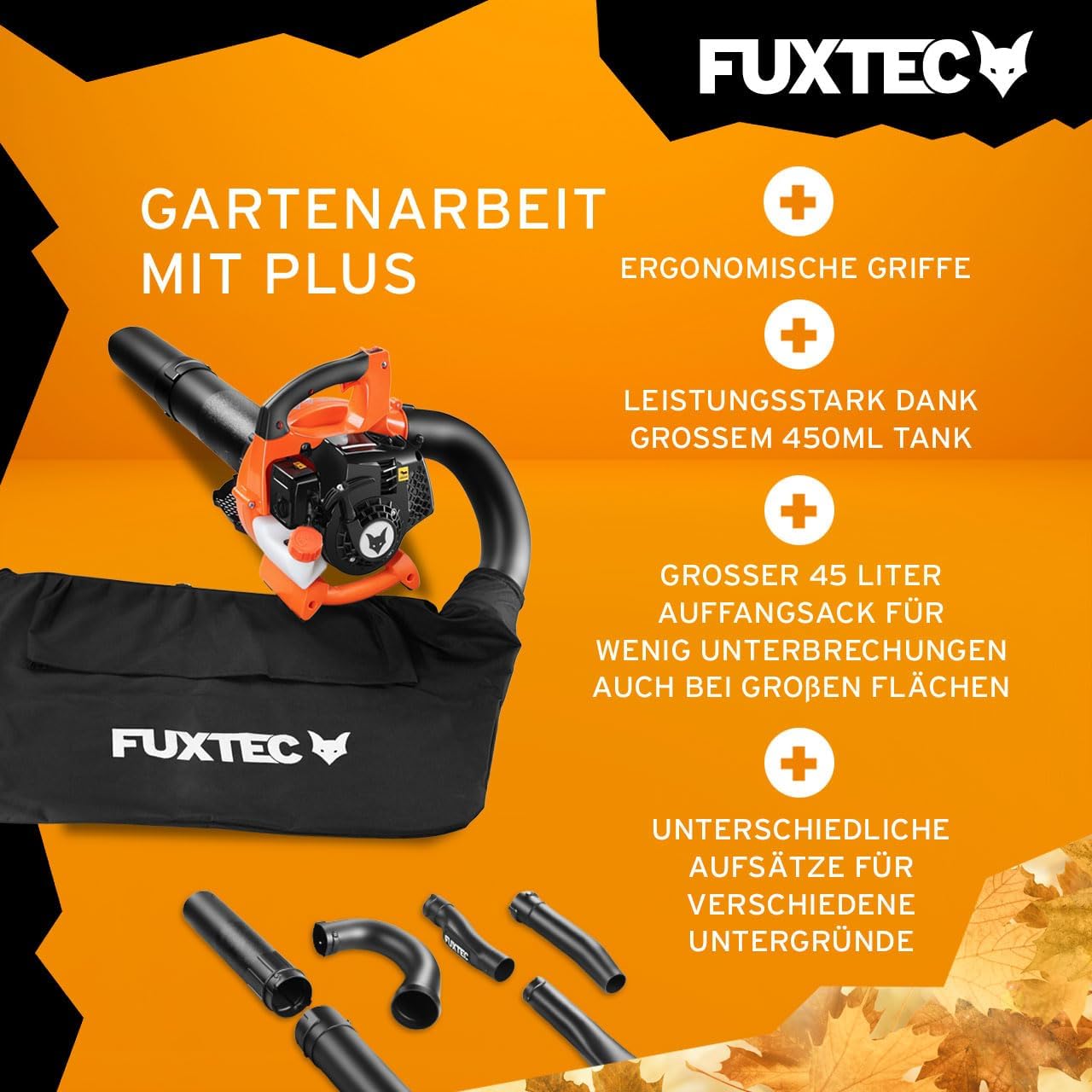 FUXTEC Benzin Laubsauger 4in1 FX-LBS126 2-Takt Laubbläser & Laubhäcksler inkl. 2Blasrohre & 45l Fangsack – getestet Oberklasse 1,4 – Blasgeschwindigkeit 71 m/s