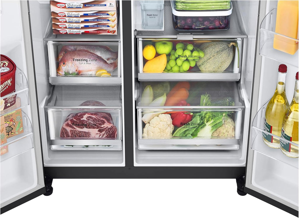 LG GSGV81PYLL Frigorifero Side by Side, Classe E, 635 L, Instaview, Frigorifero con congelatore, Dispenser ghiaccio, ghiaccio tritato, acqua, Total NoFrost, Smart Inverter Compressor, Wi-Fi