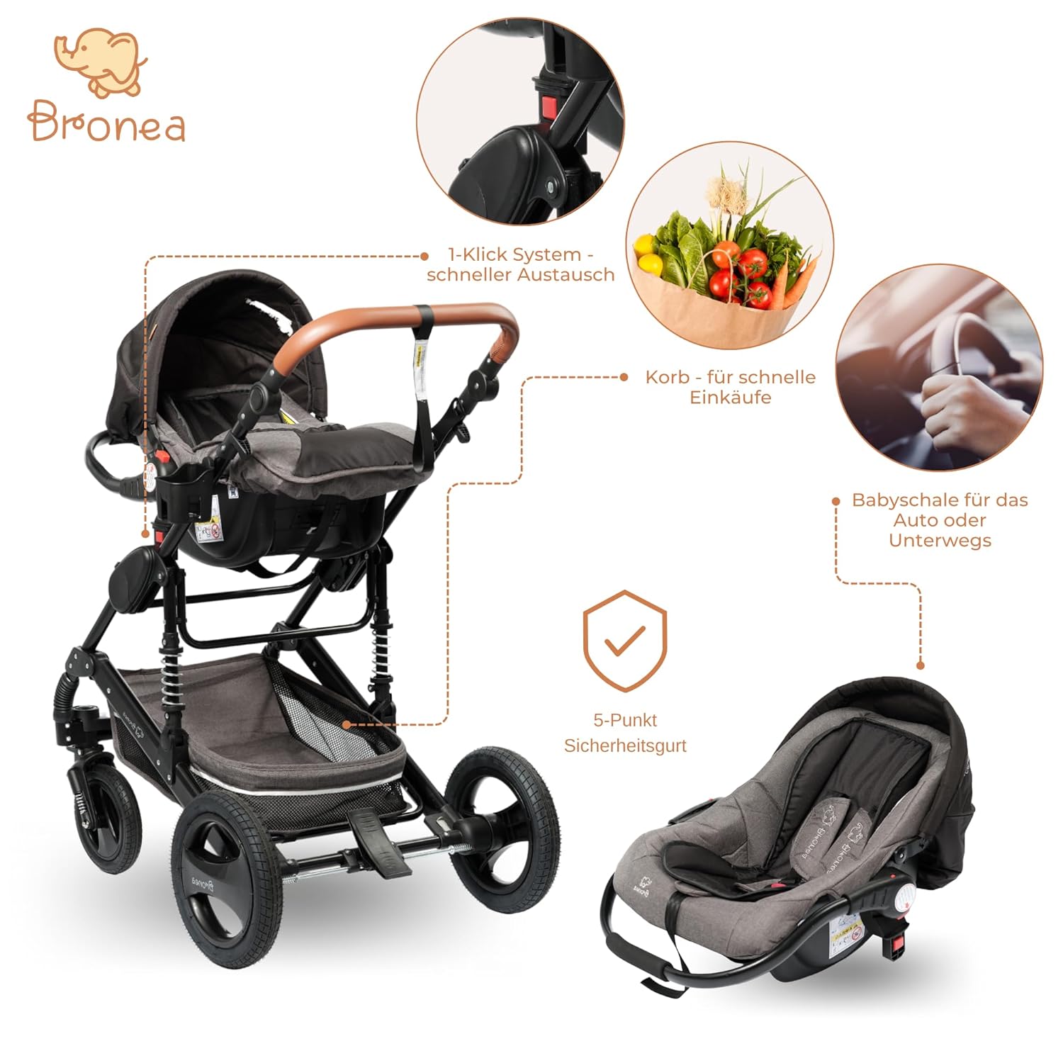 Bronea EXQUISE Kombi-Kinderwagen 3 in 1 INKL. MATRATZE | FARBAUSWAHL | Buggy, Auto-Babyschale, Zusammenklappbar mit Wickeltasche, Regenschutz, Mückenschutz & Sonnenschutz, Farbe:schwarz/champagne