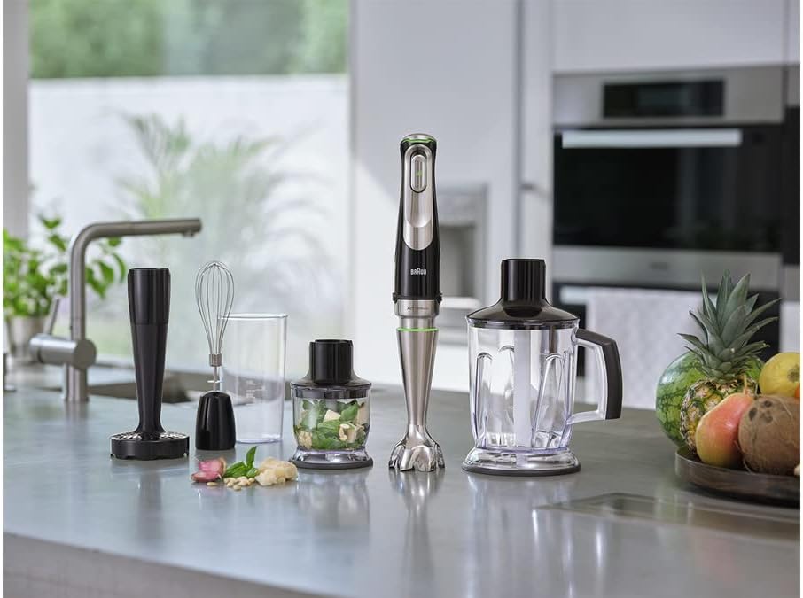 Braun MultiQuick 9 MQ 9187XLI Frullatore a immersione – Frullatore a immersione con tecnologia Active PowerDrive e 5 accessori per tritare, pestare, frullare e tritaghiaccio, 1200 Watt, nero/acciaio inox