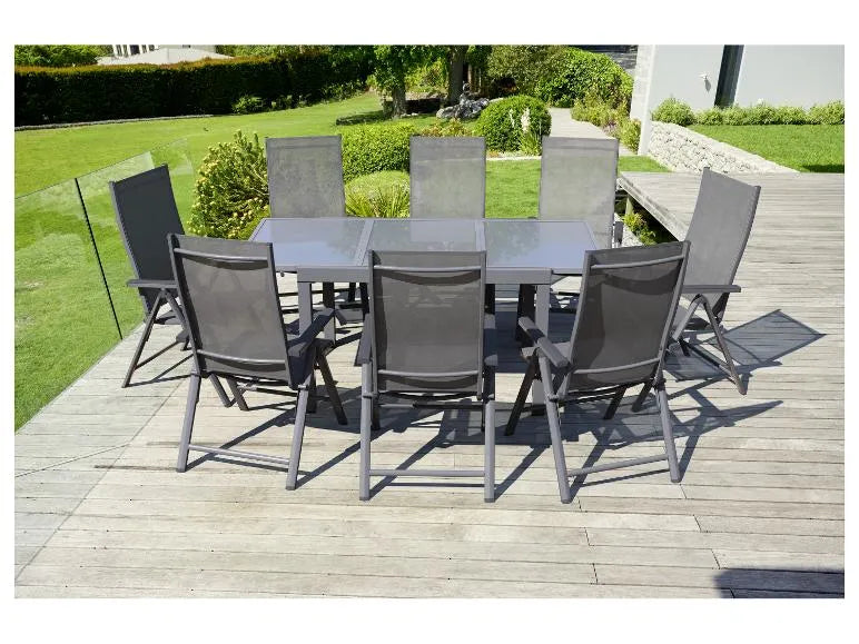 Set in alluminio »Houston«, 9 pezzi - Tavolo allungabile e 8 sedie schienale alto, grigio