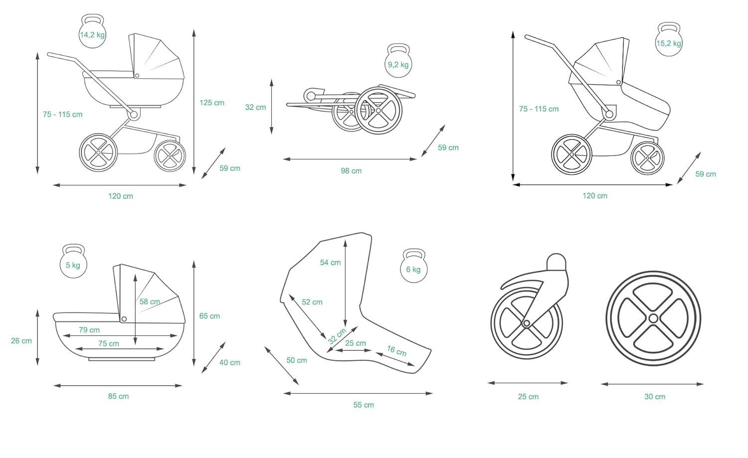 BabyLux Largo 2-in-1 Baby Kinderwagen Tief und Kinderwagen mit Zubehör Verstellbar und faltbar Aluminiumkonstruktion Wasserdicht Nicht abnehmbare Räder Brown Cream White Frame