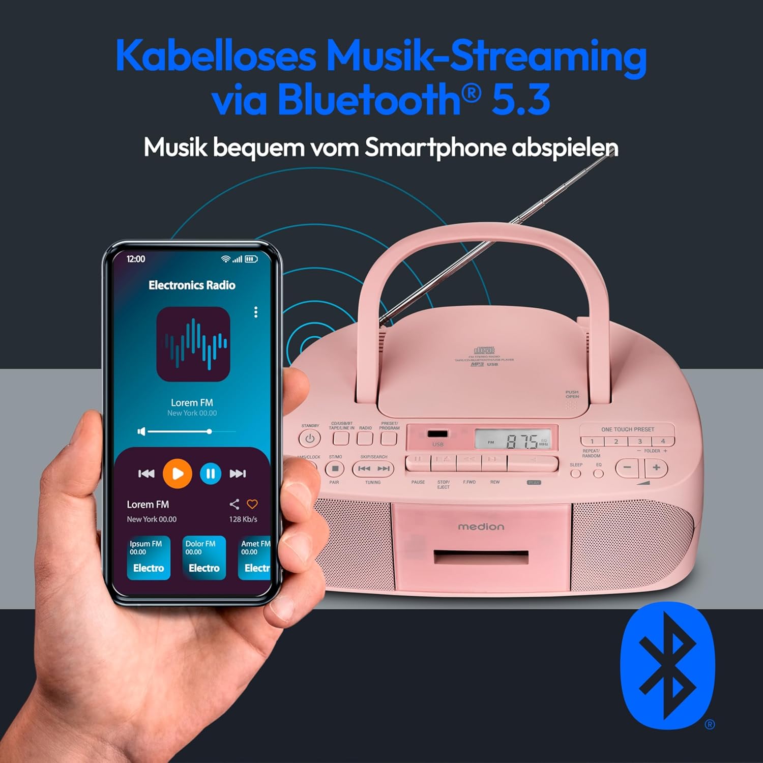 MEDION E65010 Radioregistratore stereo (lettore CD, cassetta, porta USB, ingresso audio AUX, riproduzione MP3, radio PLL FM, 40 stazioni memorizzabili, funzionamento a batteria, telecomando) bianco