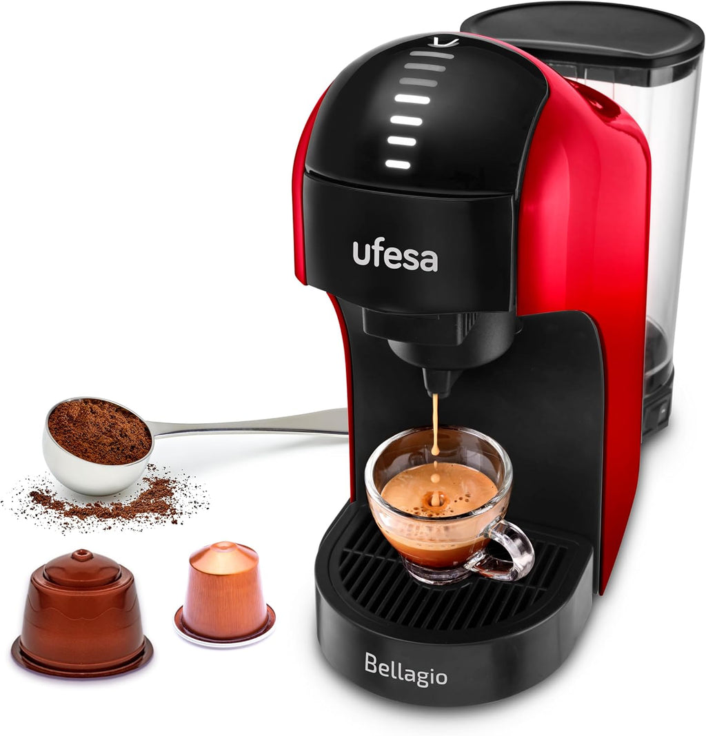 Ufesa Bellagio 3-in-1 Multi-Capsule Coffee Machine for Nespresso Original Capsule, Dolce Gusto or Ground Coffee, Digital Touch Panel with 7 Levels, 1 L Water Tank, 1400 W, 15 Bar Pressure, Compact