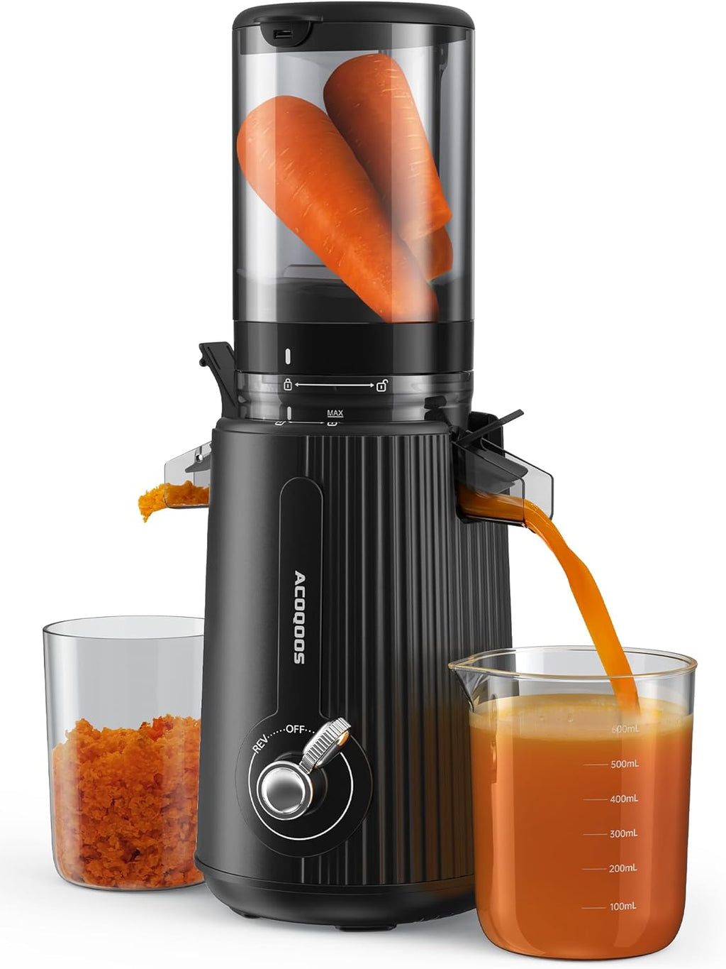 ACOQOOS Spremiagrumi, Spremiagrumi per Frutta e Verdura con imboccatura da 110 mm, Spremiagrumi a Bassa Velocità Facile da Pulire con 2 Tazze Nero