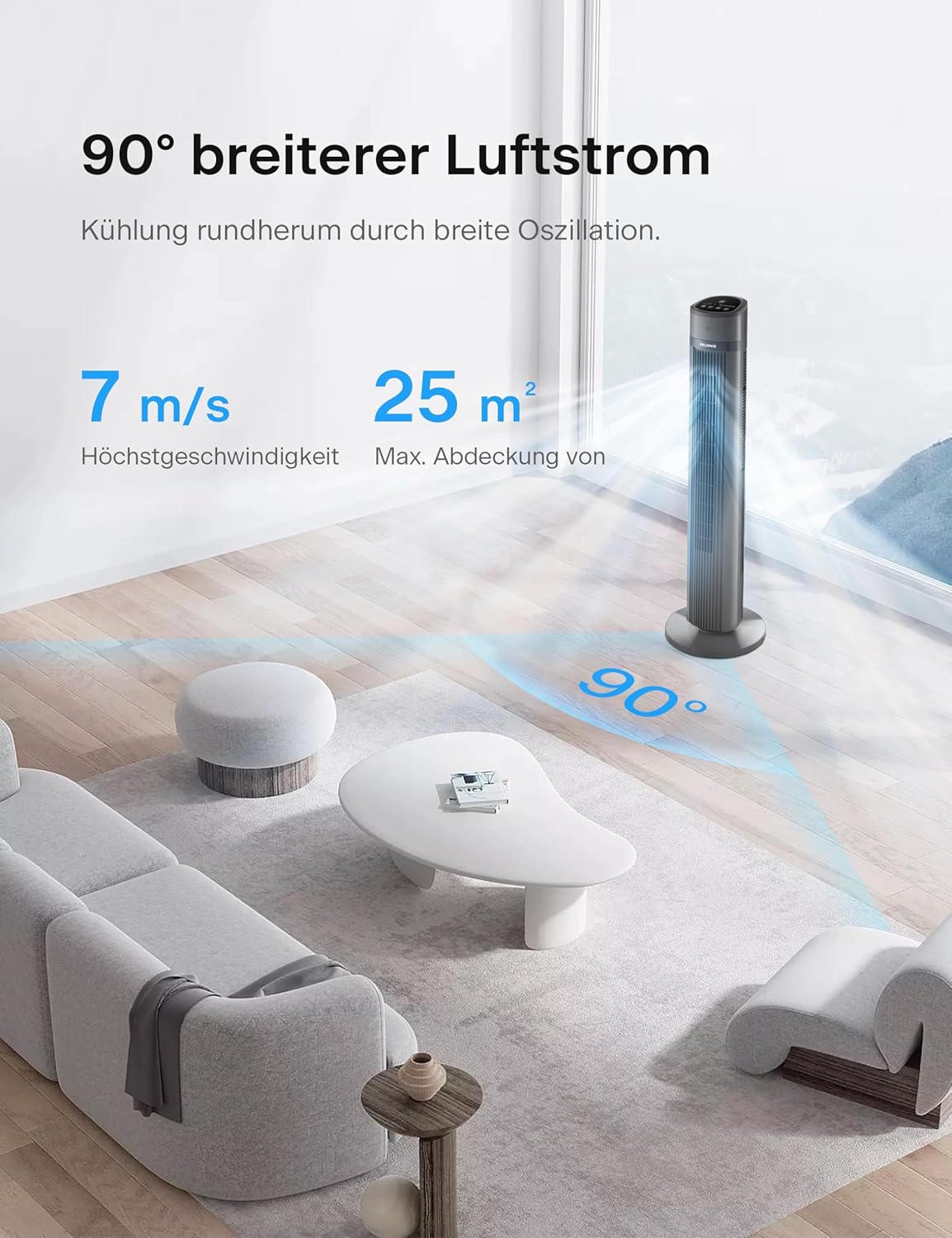 PELONIS Raffrescatore Evaporativo, Condizionatore Portatile, Ventilatore con Raffreddamento ad Acqua 5L, Umidificatore con Telecomando, 355m³/h Climatizzatore Senza Tubo di Scarico